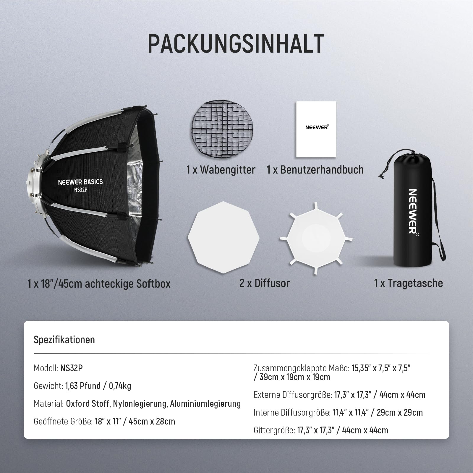 Neewer BASICS Achteckiges Softbox Set für Studiofotografie Videoaufnahmen Streaming 17.7" – Bild 8