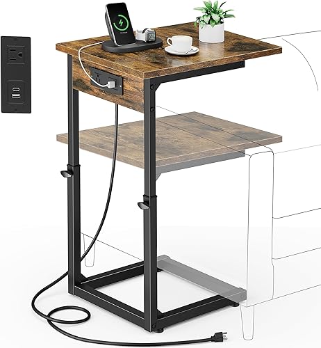 Vagusicc C Shaped End Table with Charging Station, 33"Tall Side Table for Couch, C-Table End Table Adjustable Height Side Table,Slide Under Couch