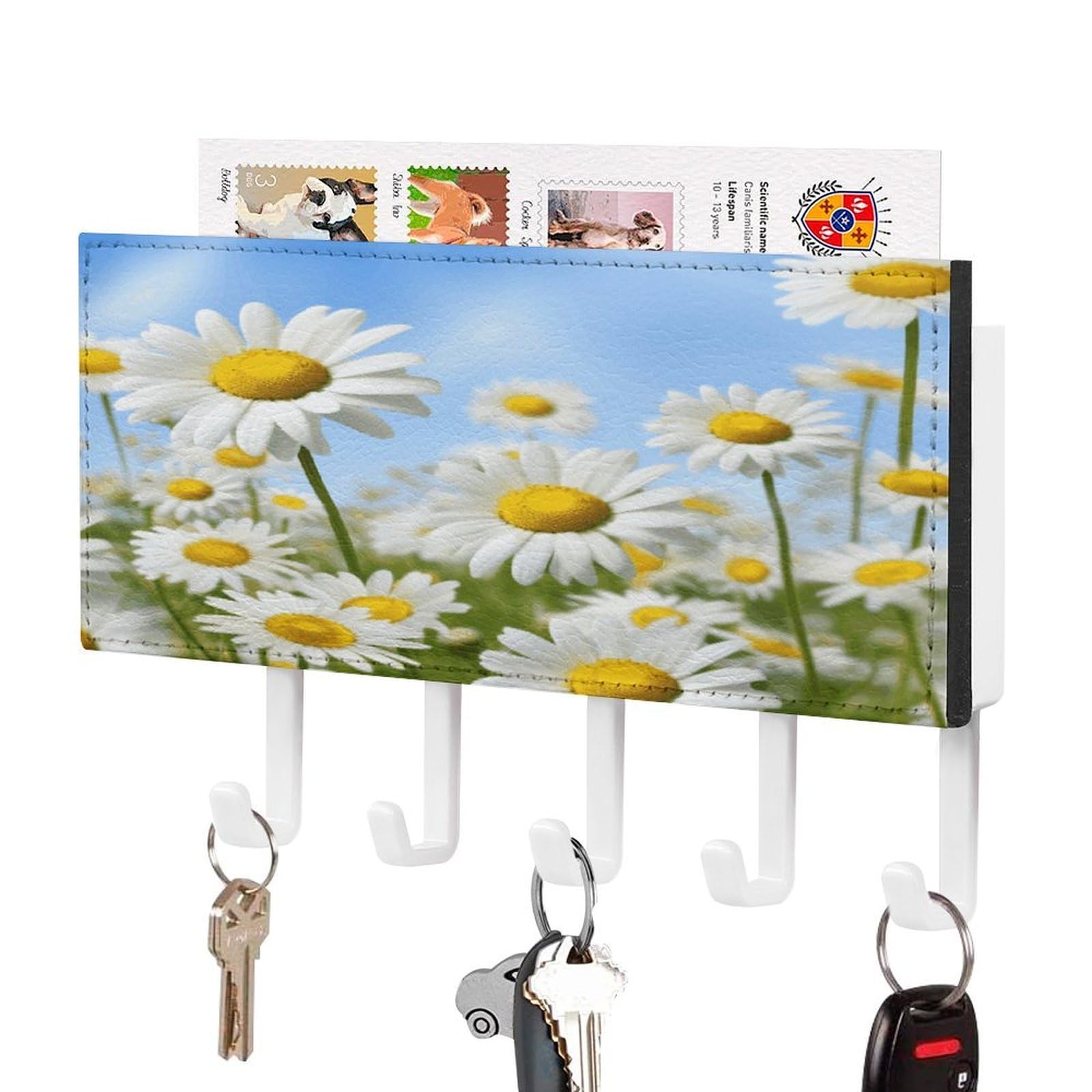 FekiLoot Spring Daisy Flowers Key Holder Wall Mount Key Hooks for Wall Decorative with 5 Hooks PU Mail Rack Organizer with Shelf for Entryway Mudroom Hallway Office 7.1X4.3 in