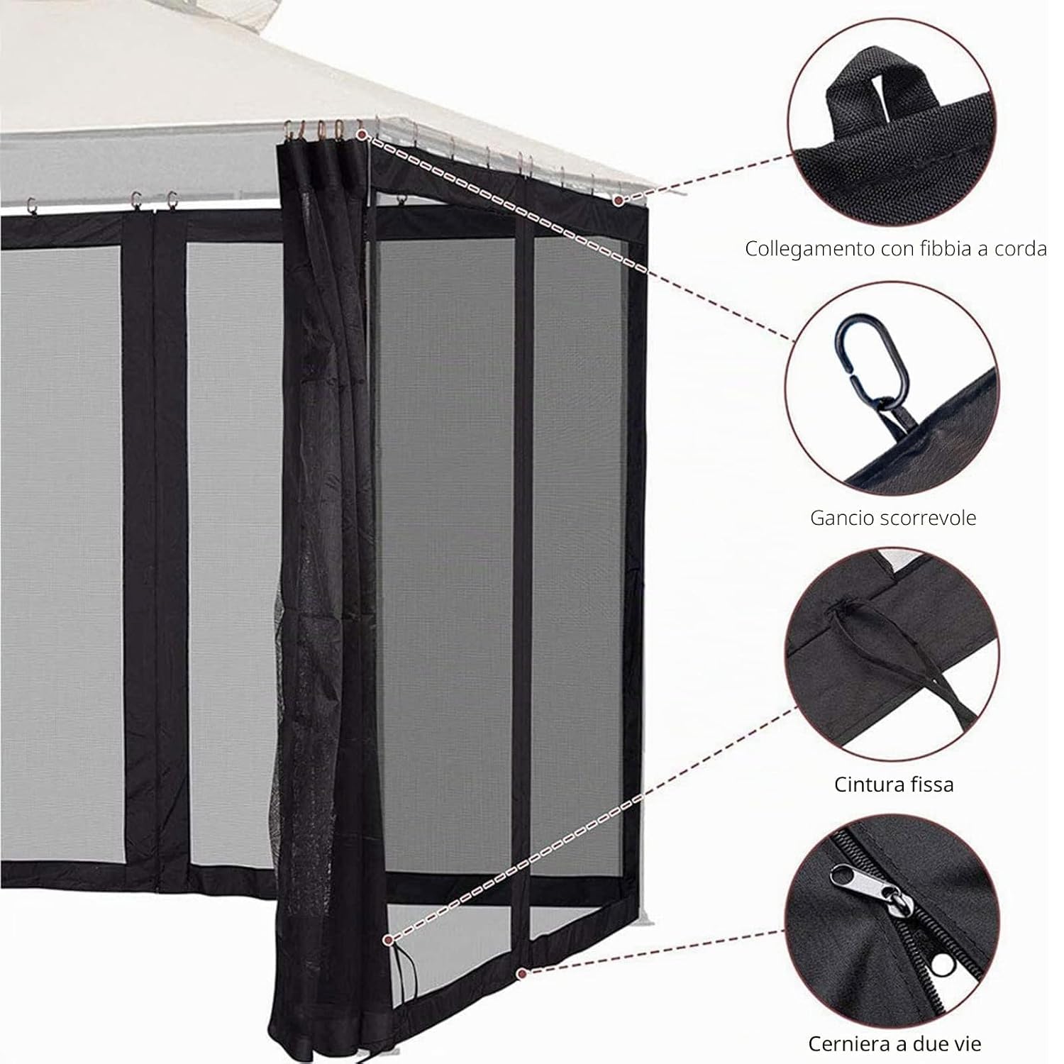 Zanzariera di Ricambio per Gazebo Con Cerniera，Marrone：360x360x220cm | Rete Di Ricambio per Gazebo, 4 Pareti Laterali Zanzariere da Esterno Giardino, Rete Anti-Moscerini per Patio