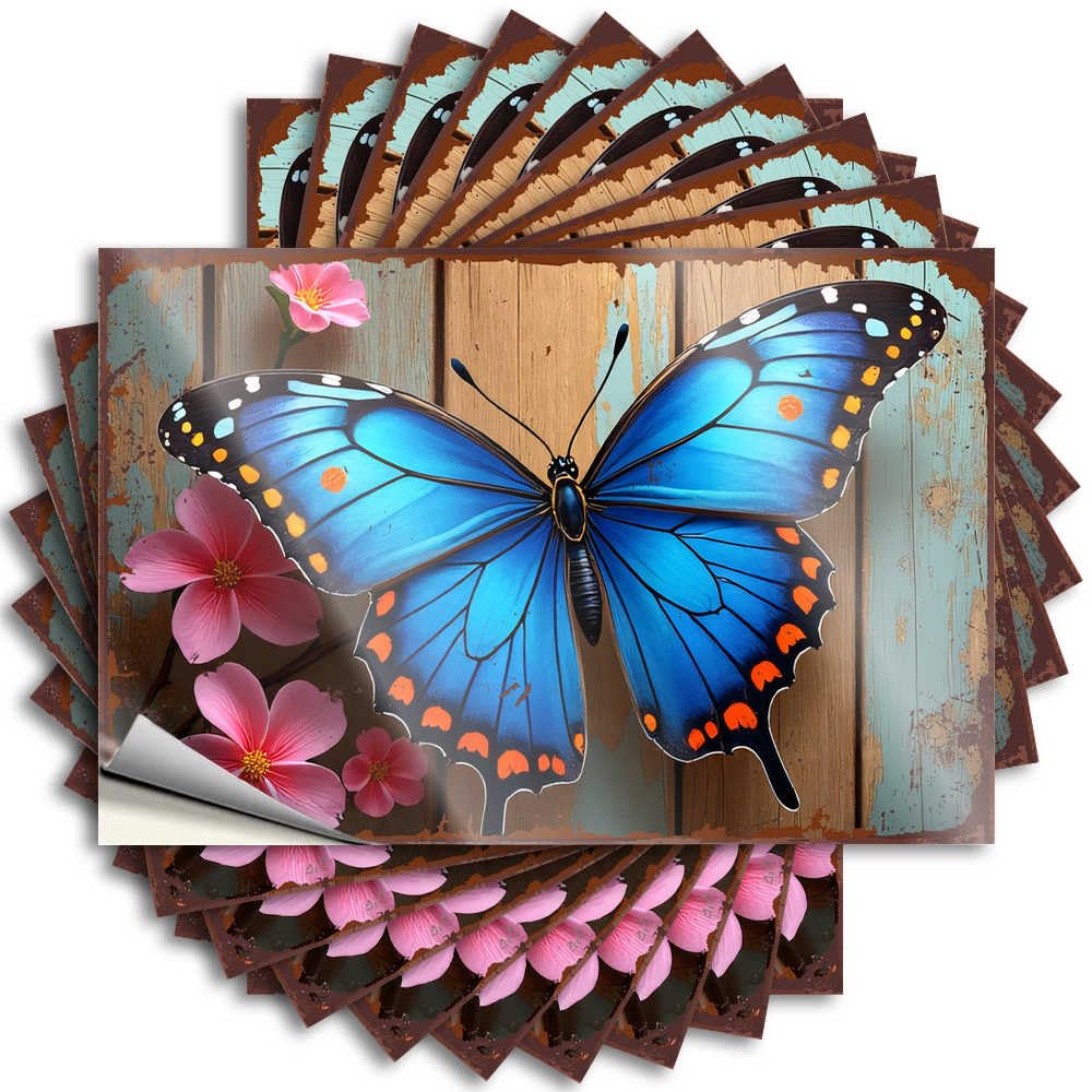 Fzfn Colour Personalized Lettering Sticker Bumper | Blue Butterfly With Pink Flowers On Wooden Background Tiny Outside Sticker Pack(12X18cm)