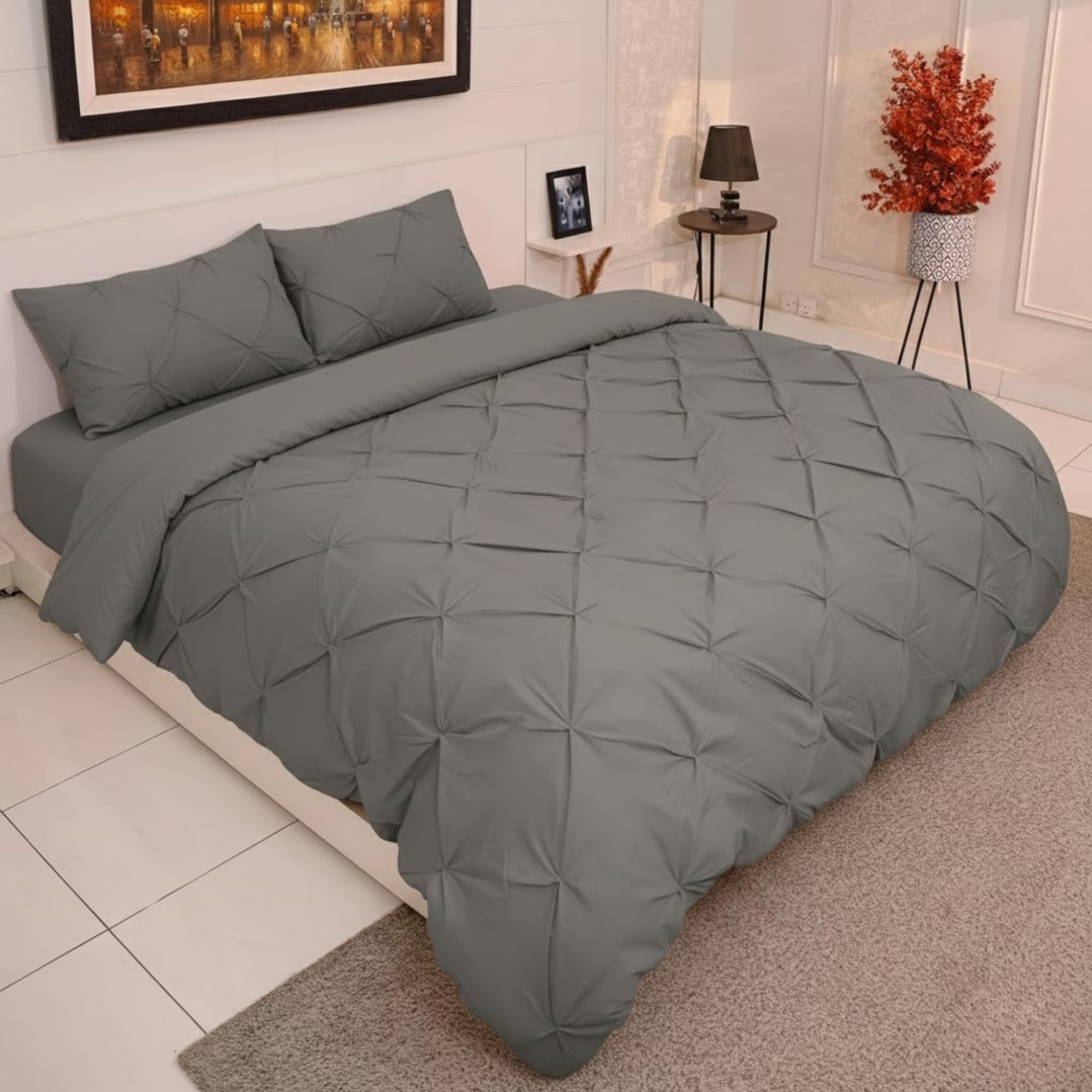 AHS - Single Grey Pintuck Duvet Cover Sheet - Comfy Bedding Set With Pillow Cases - Soft Durable Brushed Microfiber Quilt Cover - Breathable & Washable Duvet Bedding Set
