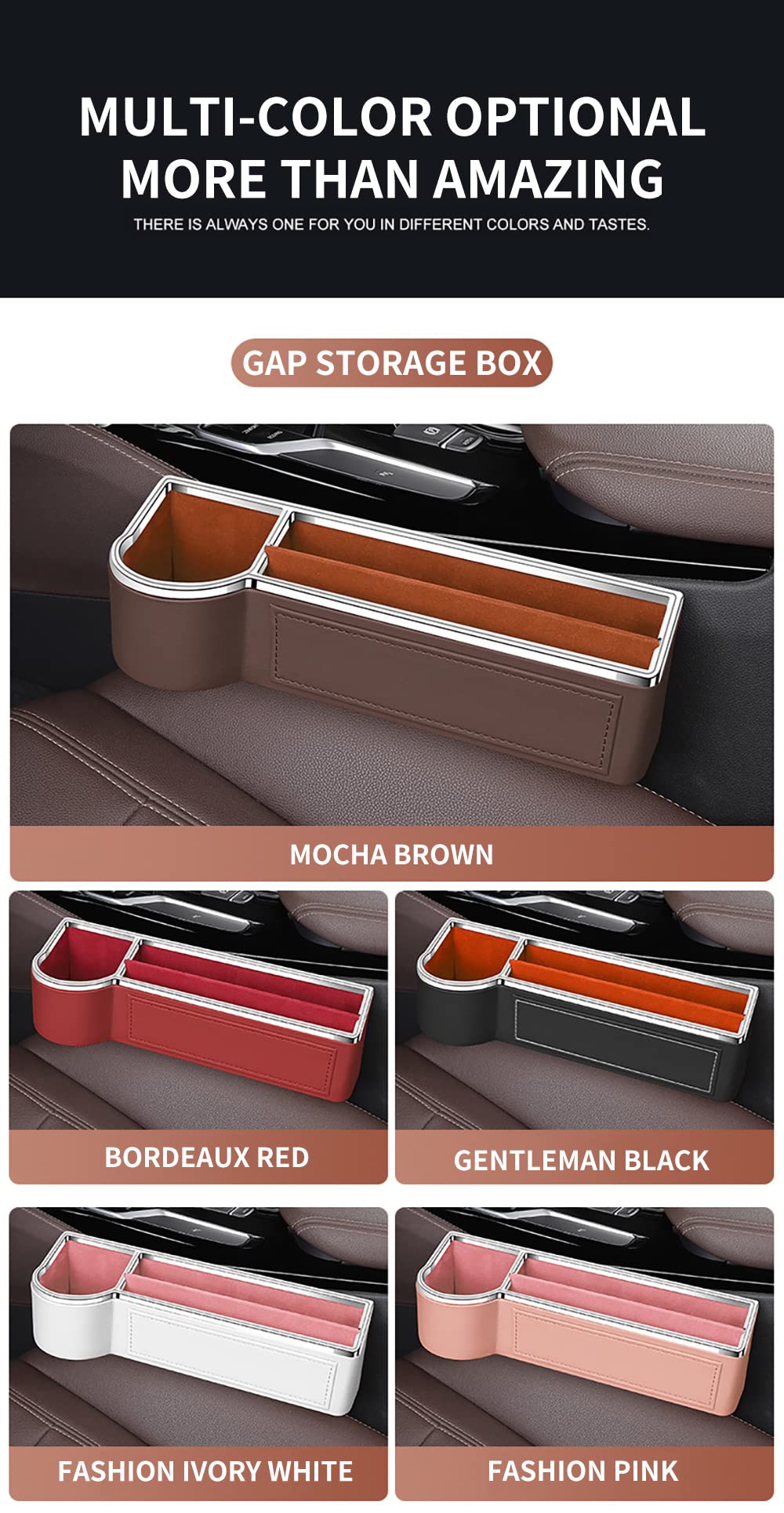 ontto Borsa Universale per seggiolino Auto con Fessura in Pelle PU Tasche Laterali Organizer per Sedile Auto Imbottitura Spazio per la Console Contenitore per Monete con Foro per Cavo USB Rosa