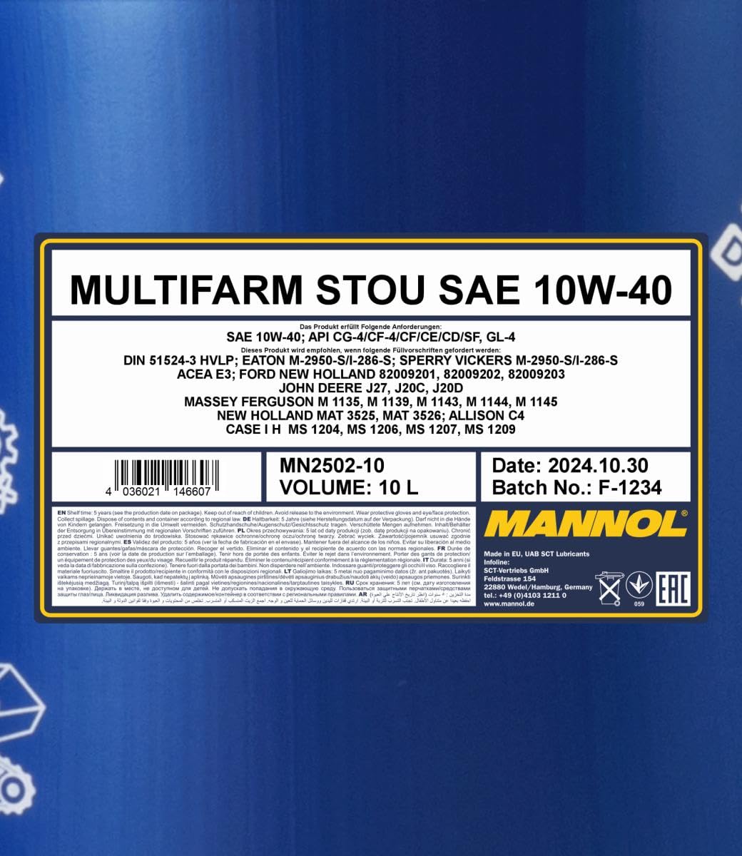 MANNOL 2502 Multifarm STOU 10W-40 Traktoröl, Motor-Getriebeöl, 10L | Halbsynthetisch für Dieselmotoren und Getriebe, einsatzfähig bis -30 °C, erfüllt ACEA E3, Allison C4, API CG-4