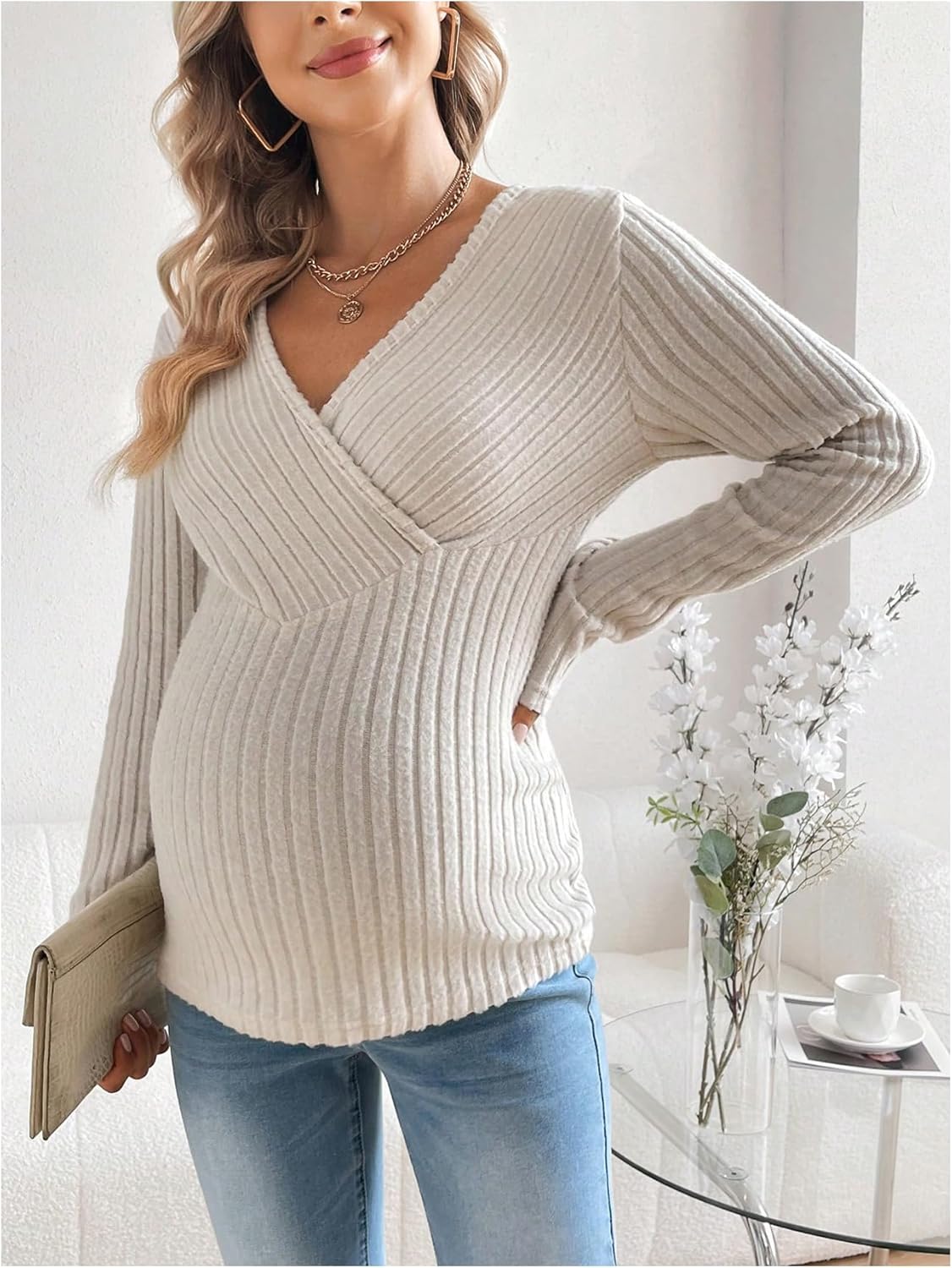 SweatyRocks Women's Maternity Tops V Neck Long Sleeve Ribbed T Shirts Pregnancy Clothes - Image 5