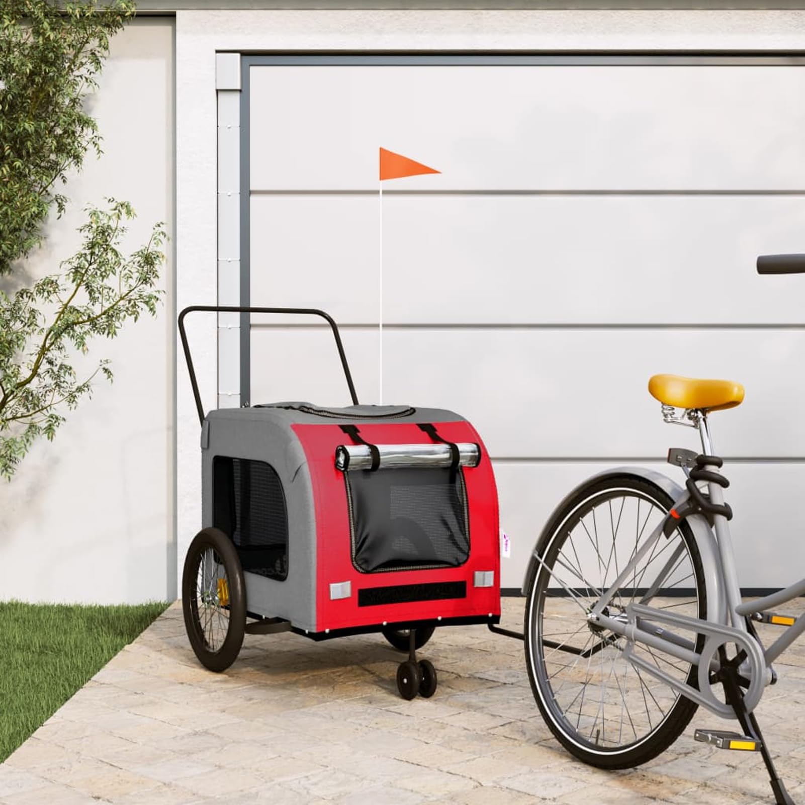 Remolque de bicicleta para mascotas, tela Oxford roja y gris y hierro, remolque de bicicleta para , carrito de mascotas con bandera de seguridad para bicicleta, carro de bicicleta para