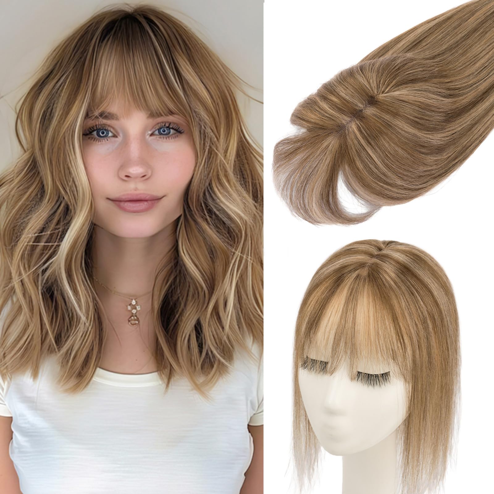 Photo 1 of Rich Choices Hair Toppers for Women Real Human Hair 360°3D Clip in Bangs 100% Remy Human Toppers with Bang for Thinning 150% Density Lace Base 14 Inch #4P27 Medium Brown Highlight Dark Blonde