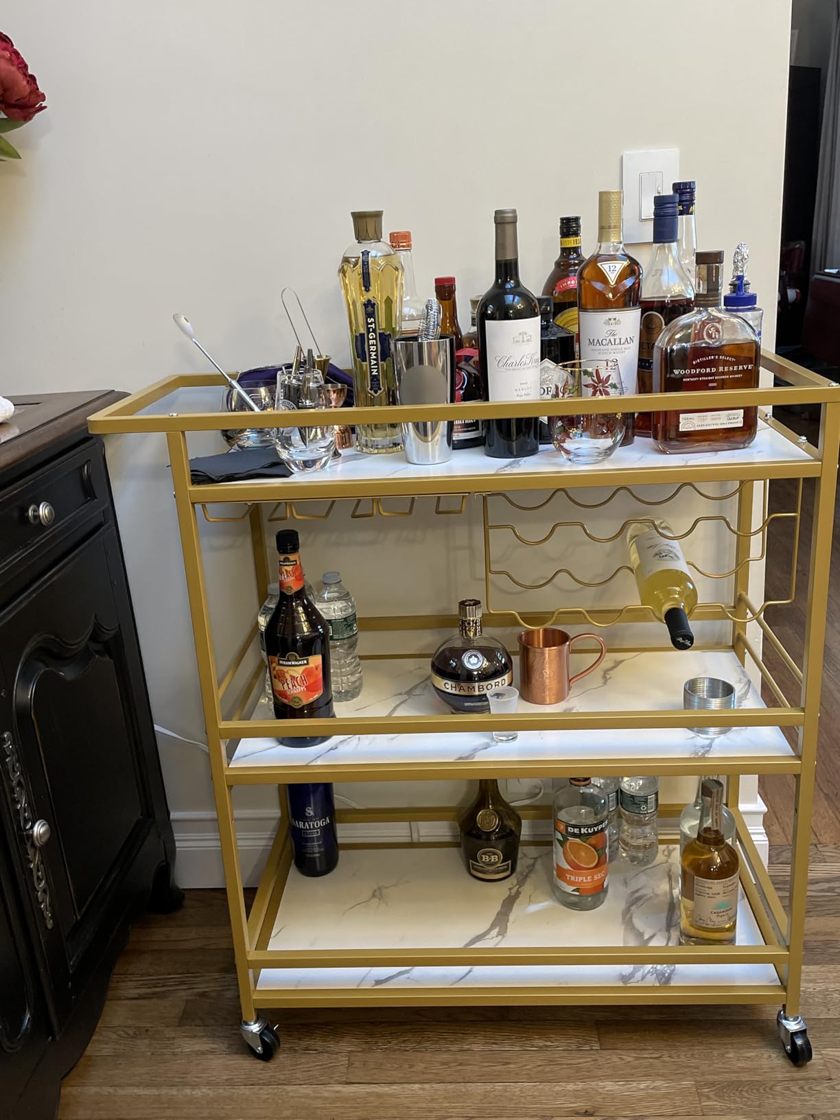 Leteuke Bar Cart with marbled wooden shelves and gold frame