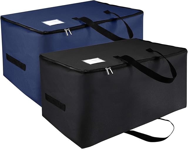 IHOMAGIC 2 Pieces Under bed Storage Bag with Double Zipper and Handles, Storage Containers Clothes Organizers with Sturdy Fabric and Clear Pocket, Foldable Large Closet Organizer (Black/ Navy Blue, L)