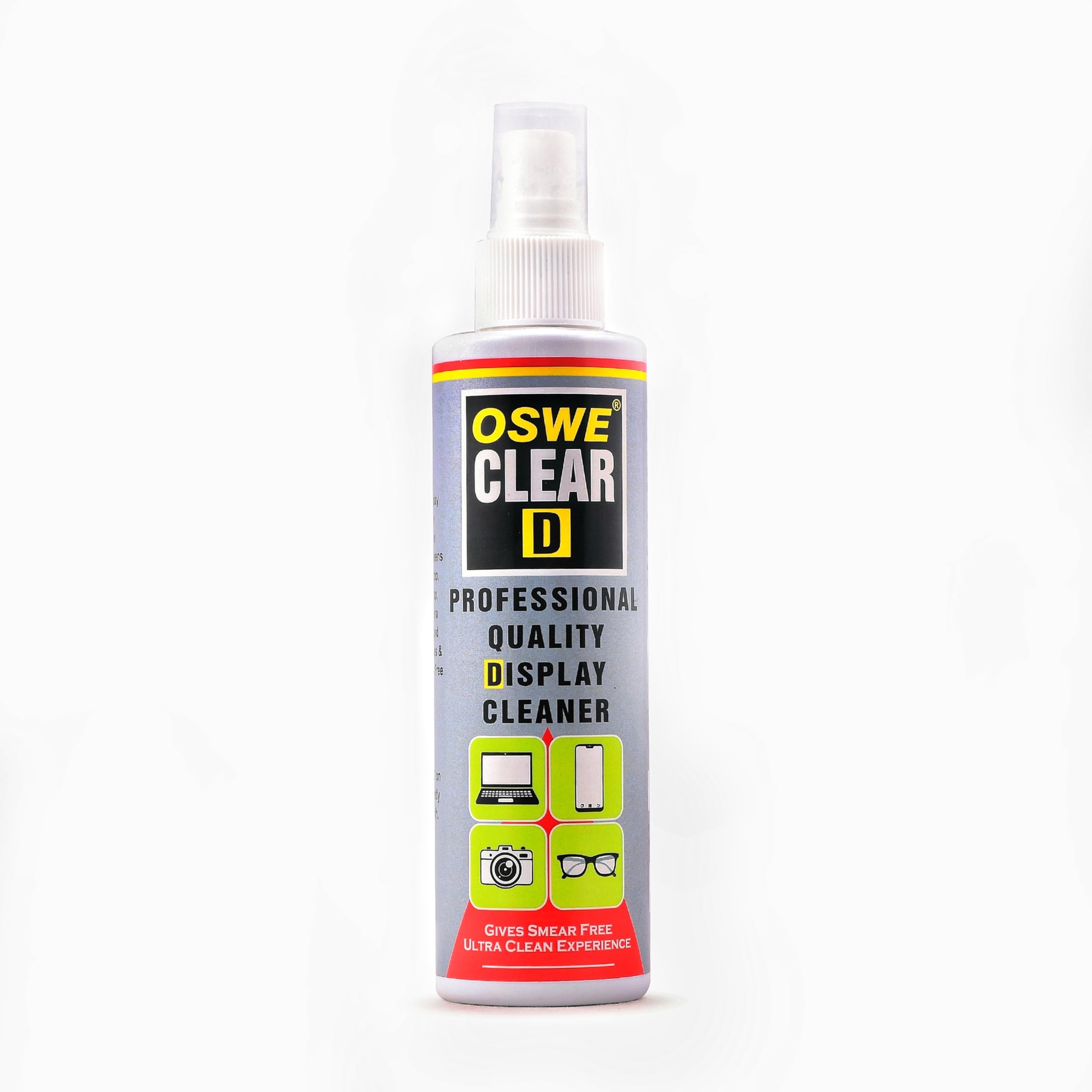 oswe clear d screen cleaner spray 200 ml. screen safe travel size kit- for smart tv, computer monitor, laptop, iphone, mobiles, action camera | optical grade cleaner with 4 reusable wipe tissues