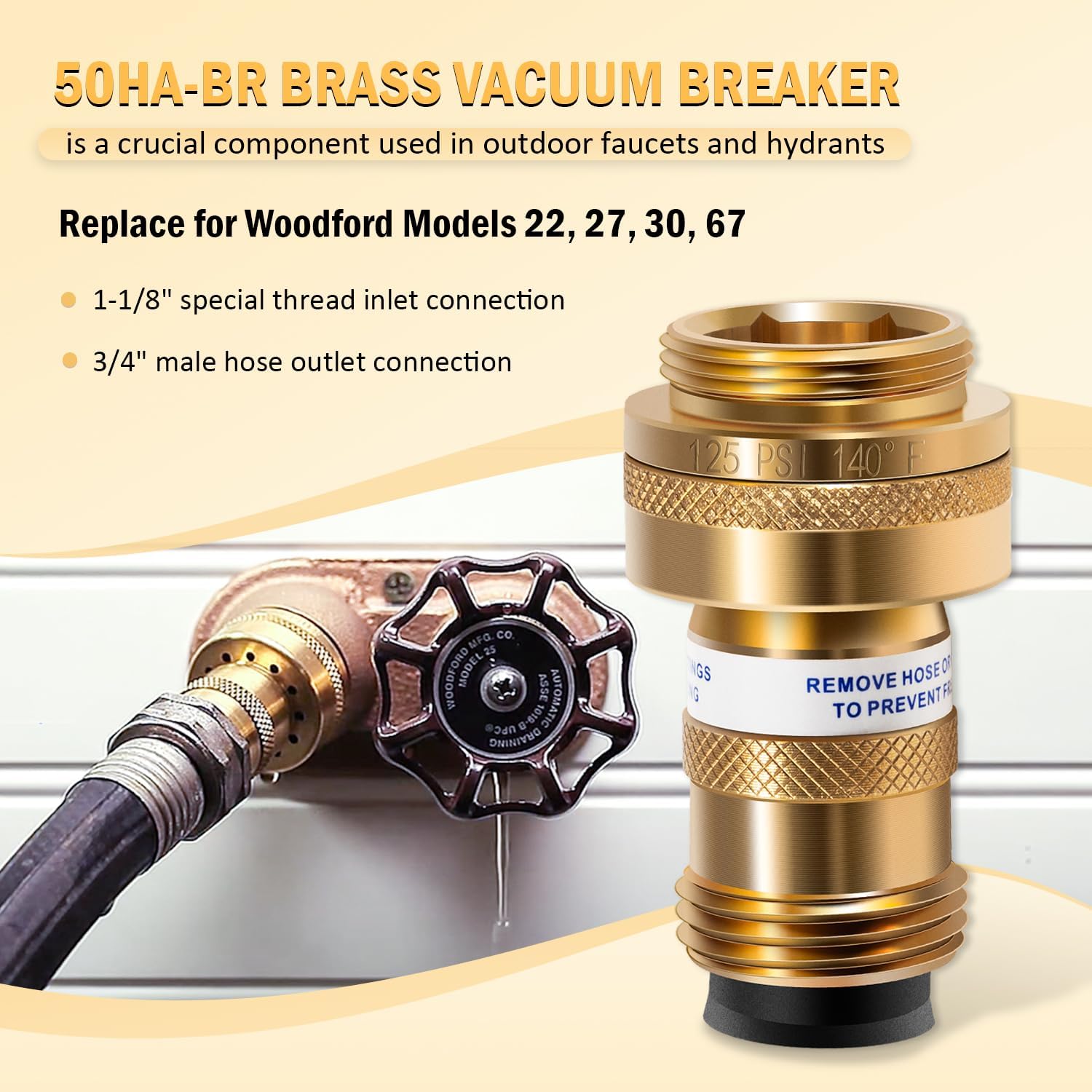 50HA-BR Backflow Preventer Replacement for Woodford Models 22, 27, 30, 67, Brass Vacuum Breaker Used in outdoor faucets and hydrants