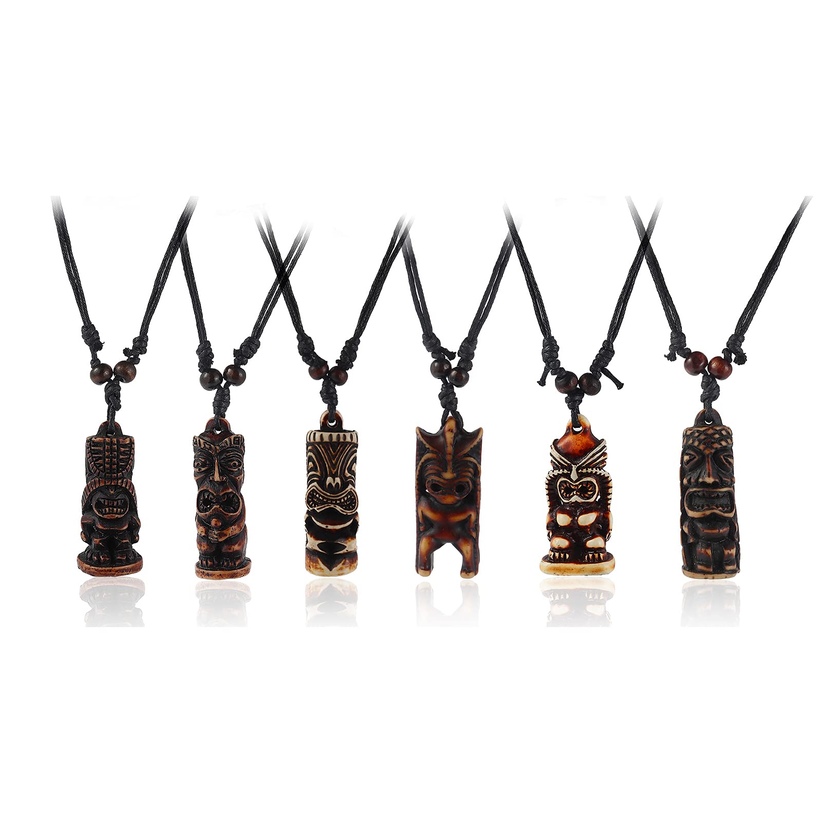 Pingyongchang Hawaiian Tiki Resin Protection Amulet Lucky Pendant Necklace Cute Caved Satue Adjustable Rope Chain Handmade Vintage Jewelry for Mens
