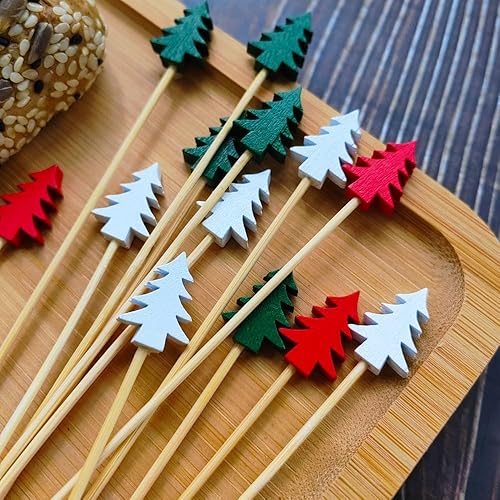 Miniatura 7 de 100 piezas de selecciones de cóctel de bambú frutacomida palillos de dientes festivos de aperitivos de 4.72 pulgadas palillos de madera con árboles