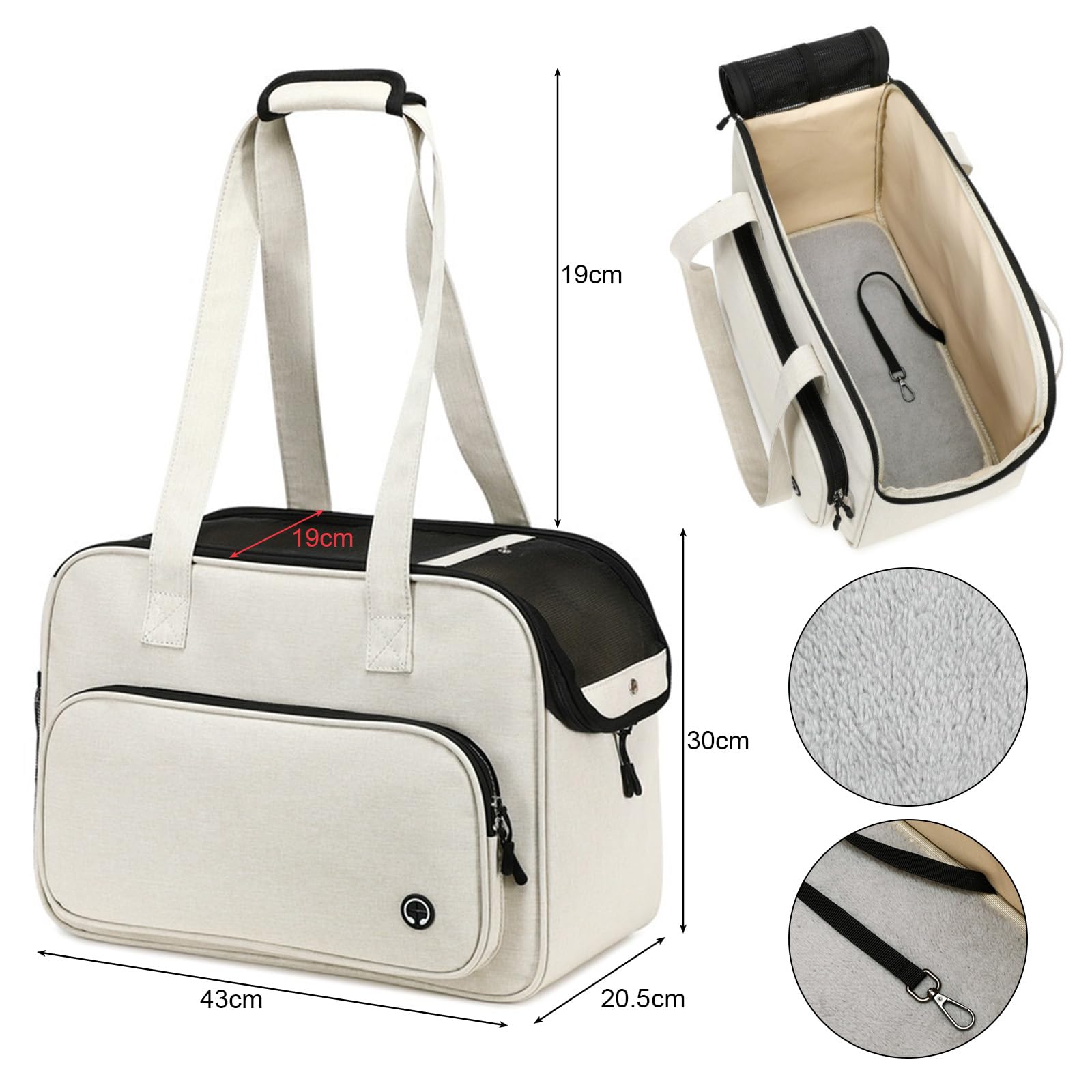 Sac de Transport Petit Chien Chat Tissu Oxford Léger Respirant avec Crochet Sac de Voyage Extérieur Beige