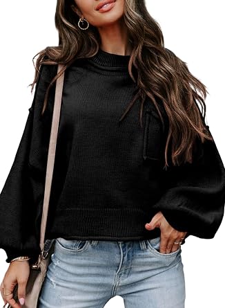 EVALESS Womens 2024 Lantern Long Sleeve Crewneck Sweater Casual Solid Color Ribbed Hem Knitwear Pullover Cropped Tops