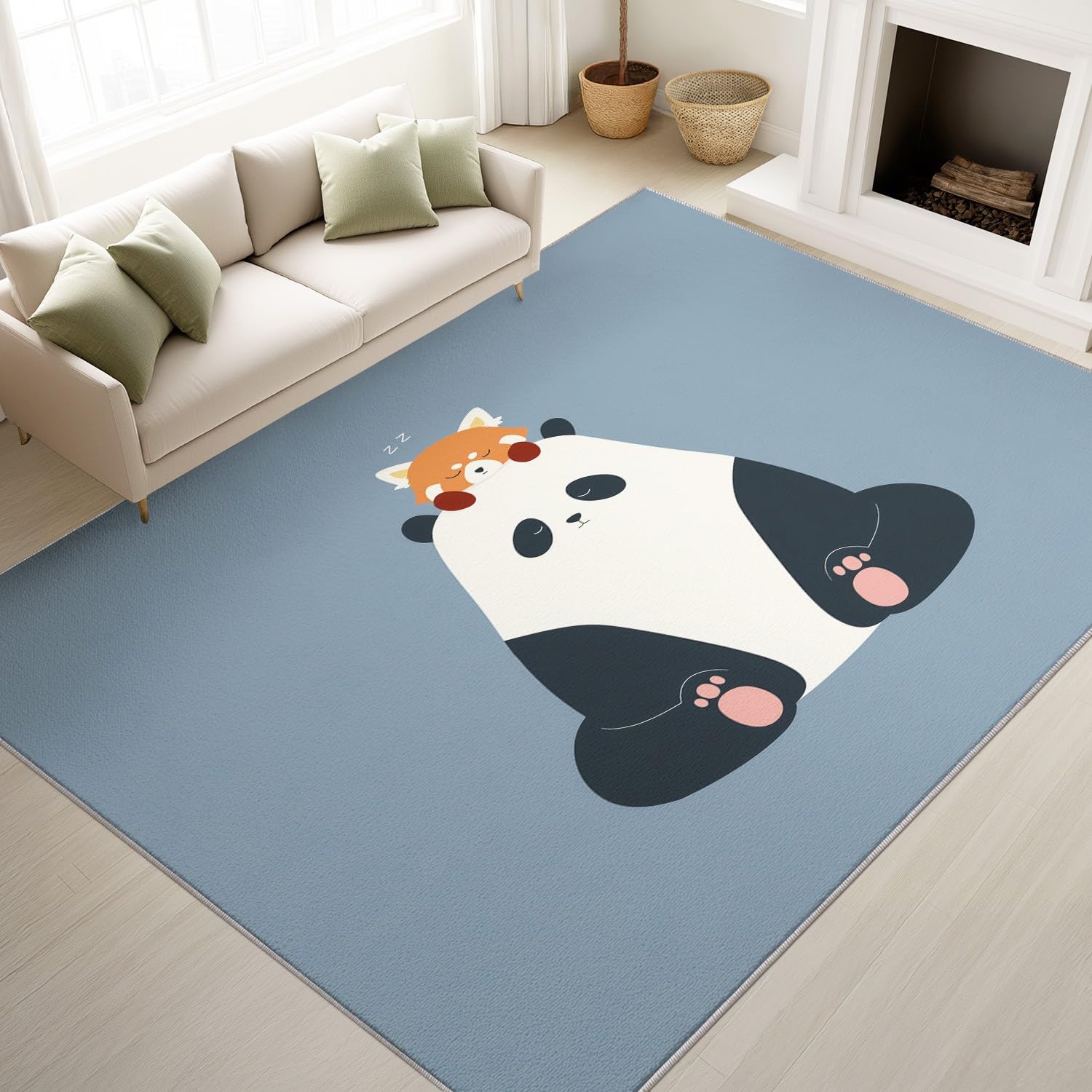 Generisch Tappeto per soggiorno lavabile, a pelo corto, antiscivolo, accogliente con panda e orsacchiotto, per soggiorno, camera da letto, cameretta dei bambini, 80 x 120 cm, blu