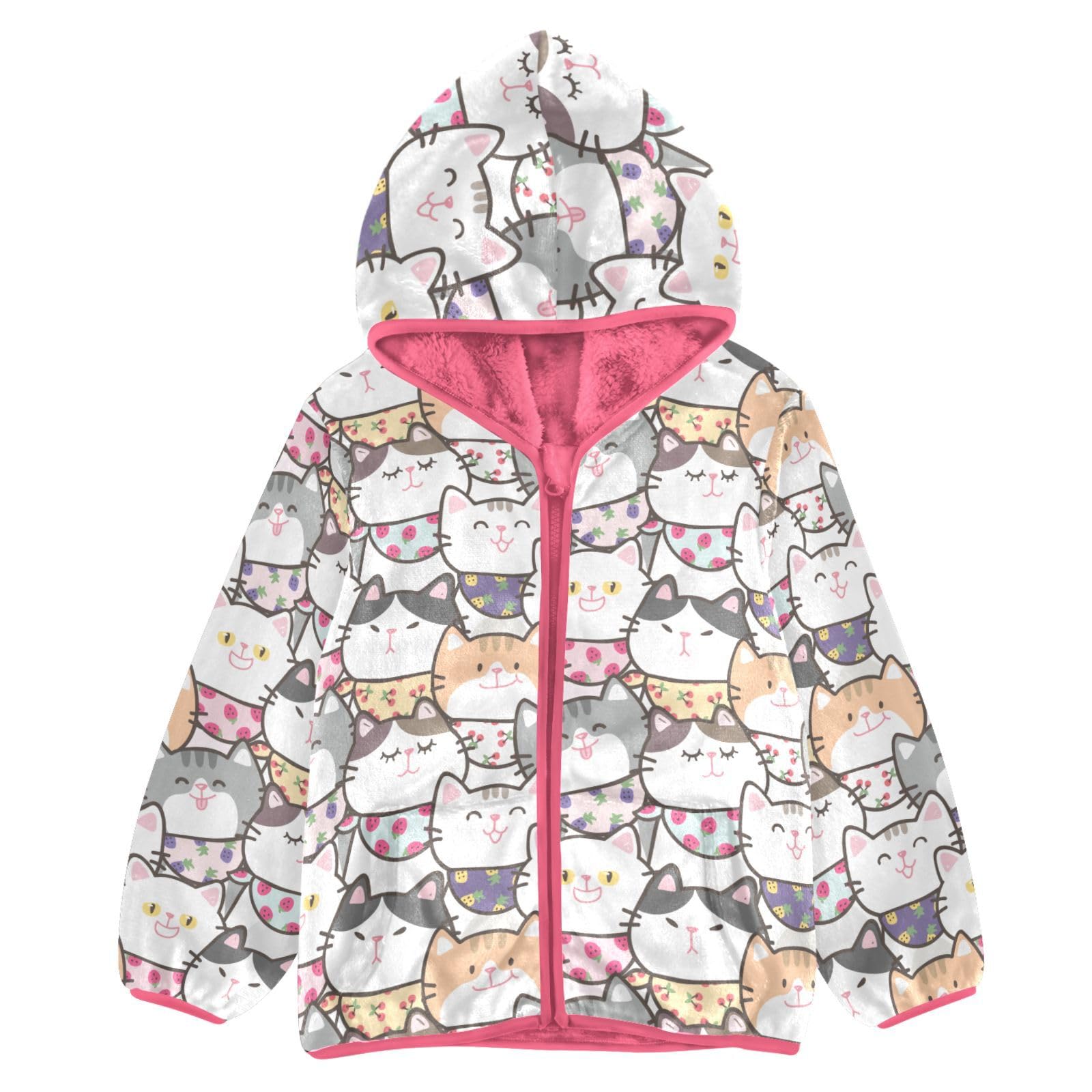 WIFIU Girls Boys Fleece Jacket Coat for Toddler Cute Cat Pattern with Pockets, Zip Up Hoodie Winter Warm Outerwear Kitten Cartoon Size 6T