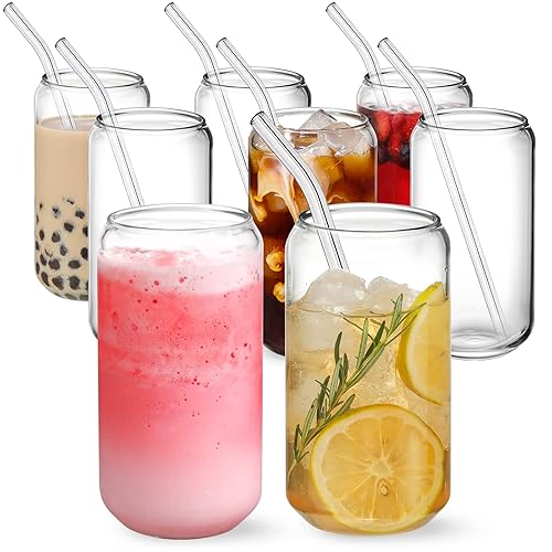 NETANY [ 8pcs Set ] Drinking Glasses with Glass Straw - 16oz Glass Cups, Beer Glasses, Iced Coffee Glasses, Cute Tumbler Cup, Ideal for Whiskey, Soda, Tea, Water, Gift - 2 Cleaning Brushes - 8 Count (Pack of 1)