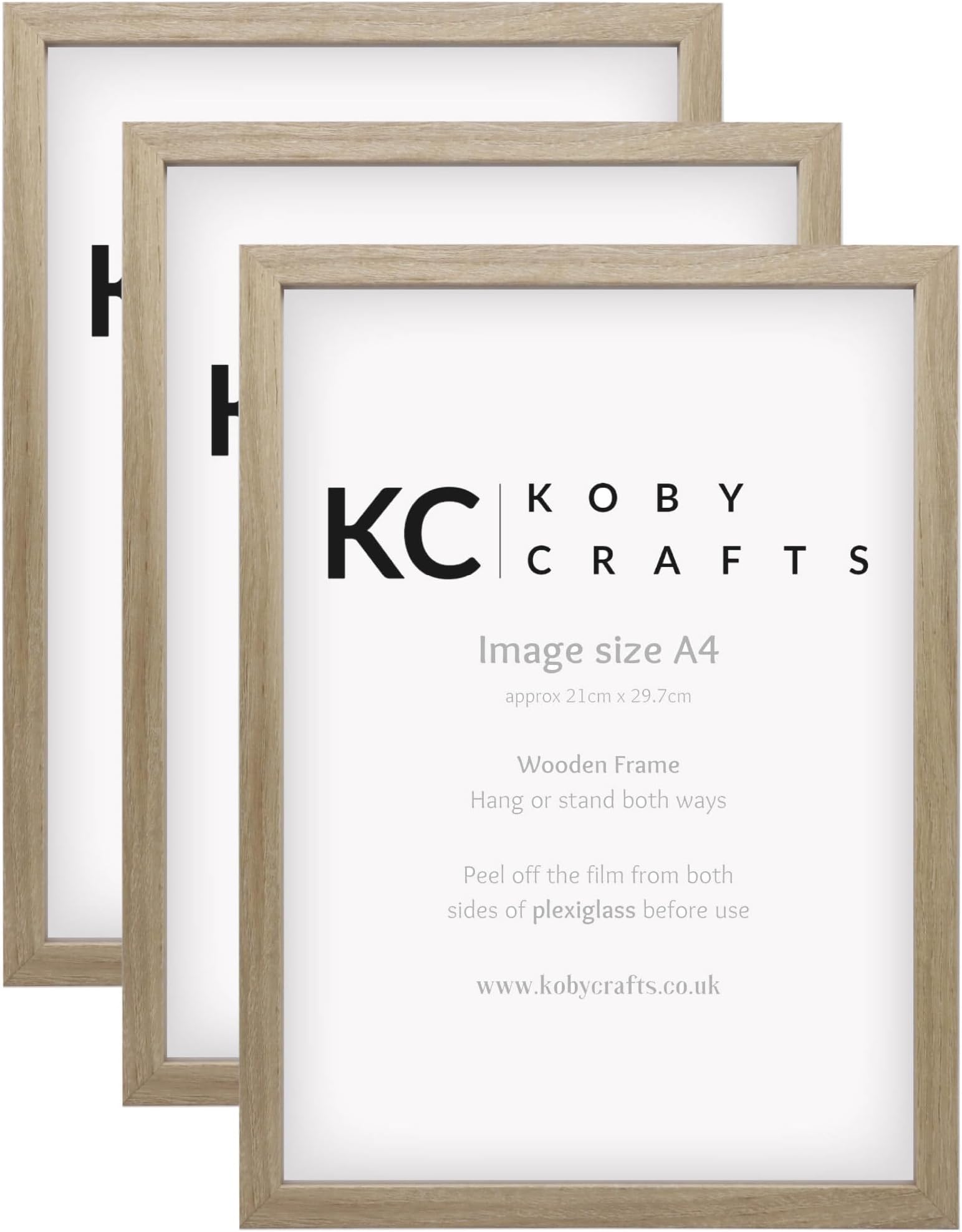 Koby Crafts Pack of 3 Wood Effect Picture Frames for A4 Images 21x29.7cm | Wooden Photo Frames | Tabletop or Wall Mount, Free Stand or Hang Portrait/Landscape | Posters Certificates