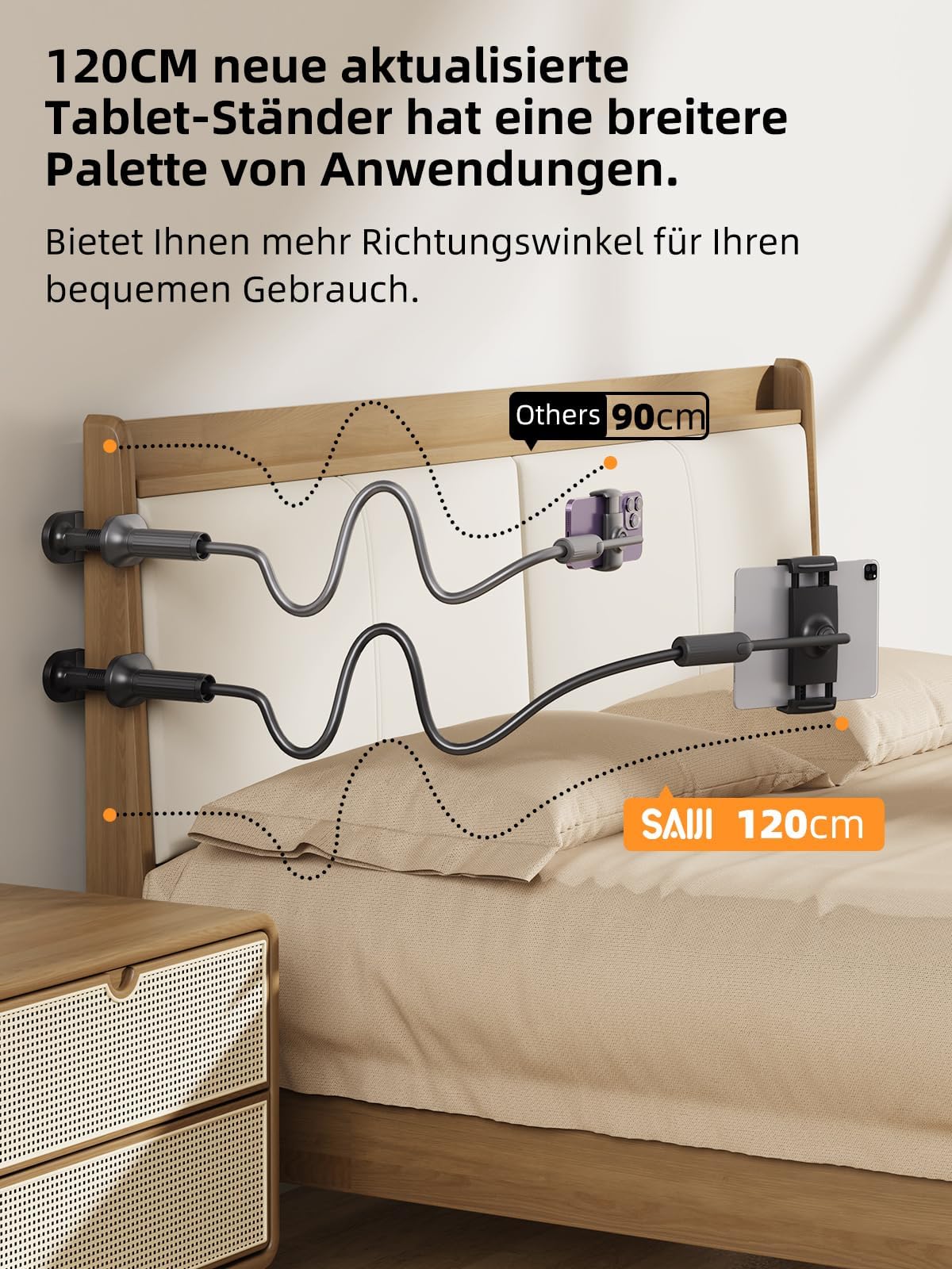 SAIJI 120CM Upgrade Schwanenhals Tablet Halterung, Einhand Verstellbarer iPad Halterung Bett, Kindle Halterung zum Lesen im Bett, Kompatibel mit iPad iPhone, Fire, Alle Geräte von 4,7-12.7"