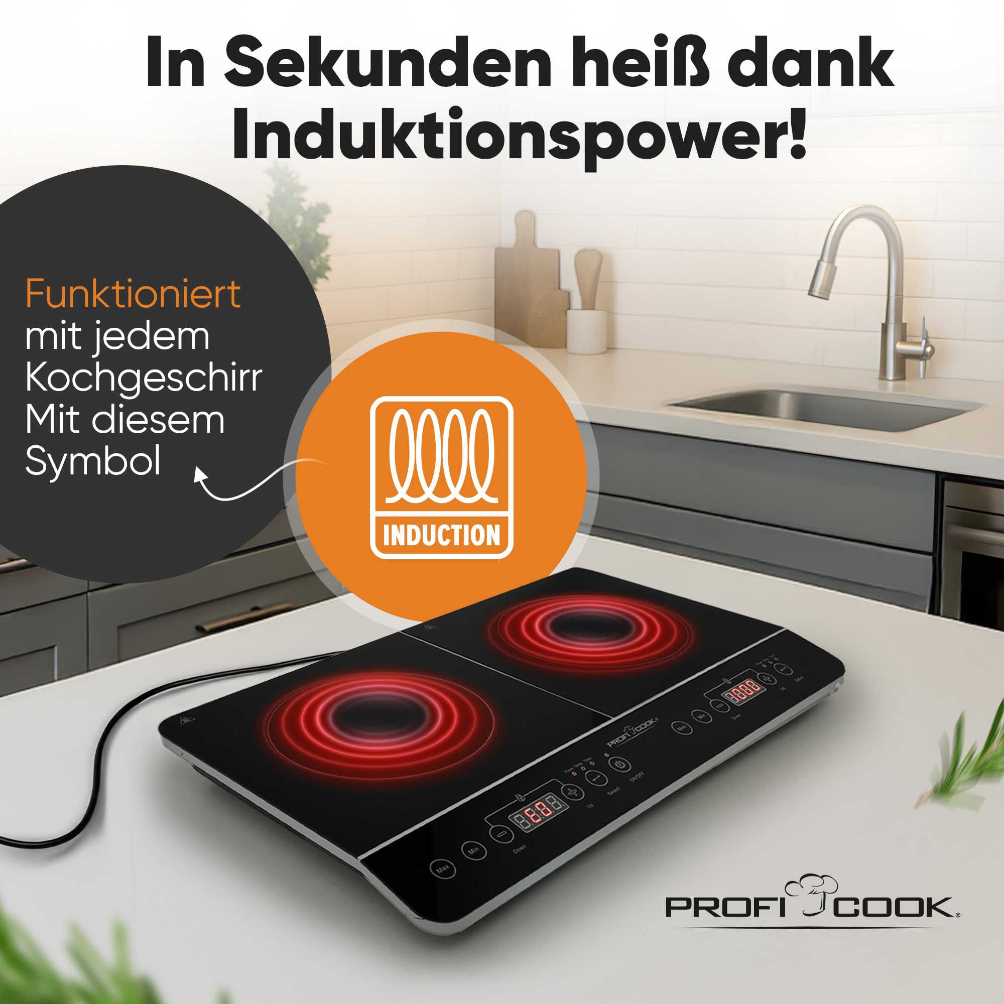 ProfiCook® Induktionskochplatte 2 Platten | heiß in Sekundenschnelle | 10 Stufen | Timer | bis 240°C Induktionsplatte doppelt | Induktionskochfeld 2 Platten | Induktionskochplatte | PC DKI 1067