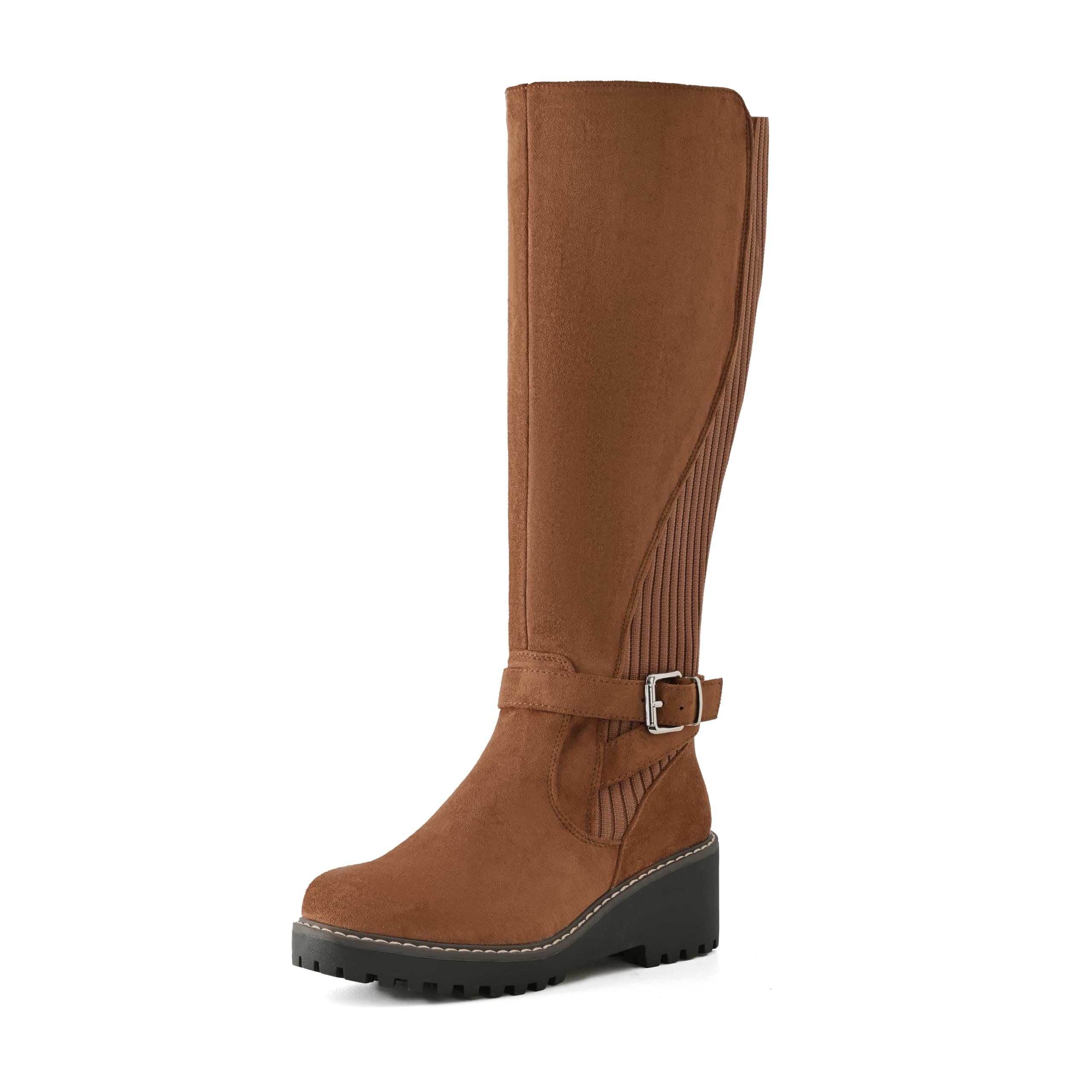 Womens Knee High Boots Tall Fall Wedges Round Toe Comfortable Size Zip with Fashion Buckles Platform Shoes for