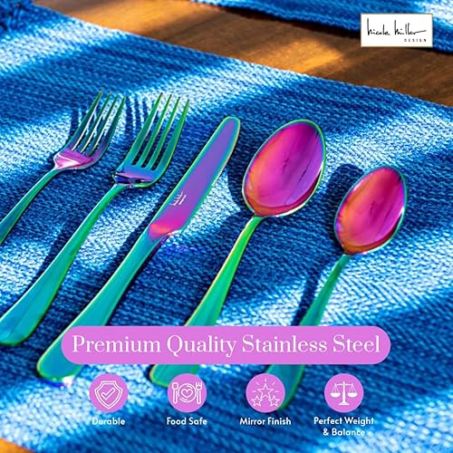 Miniatura 4 de Nicole Miller - Juego de cubiertos de 20 piezas, diseño de arcoíris, modernos utensilios de cocina de acero inoxidable para un comedor elegante,