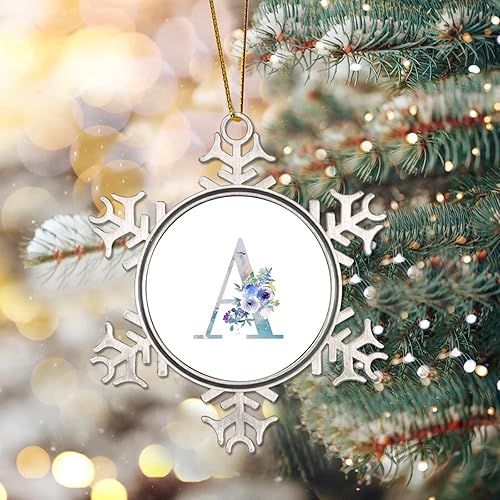 Miniatura 2 de Letra de monograma azul floral de mármol con inicial, adorno de metal, copo de nieve, adorno de Navidad para decoración del árbol de Navidad,