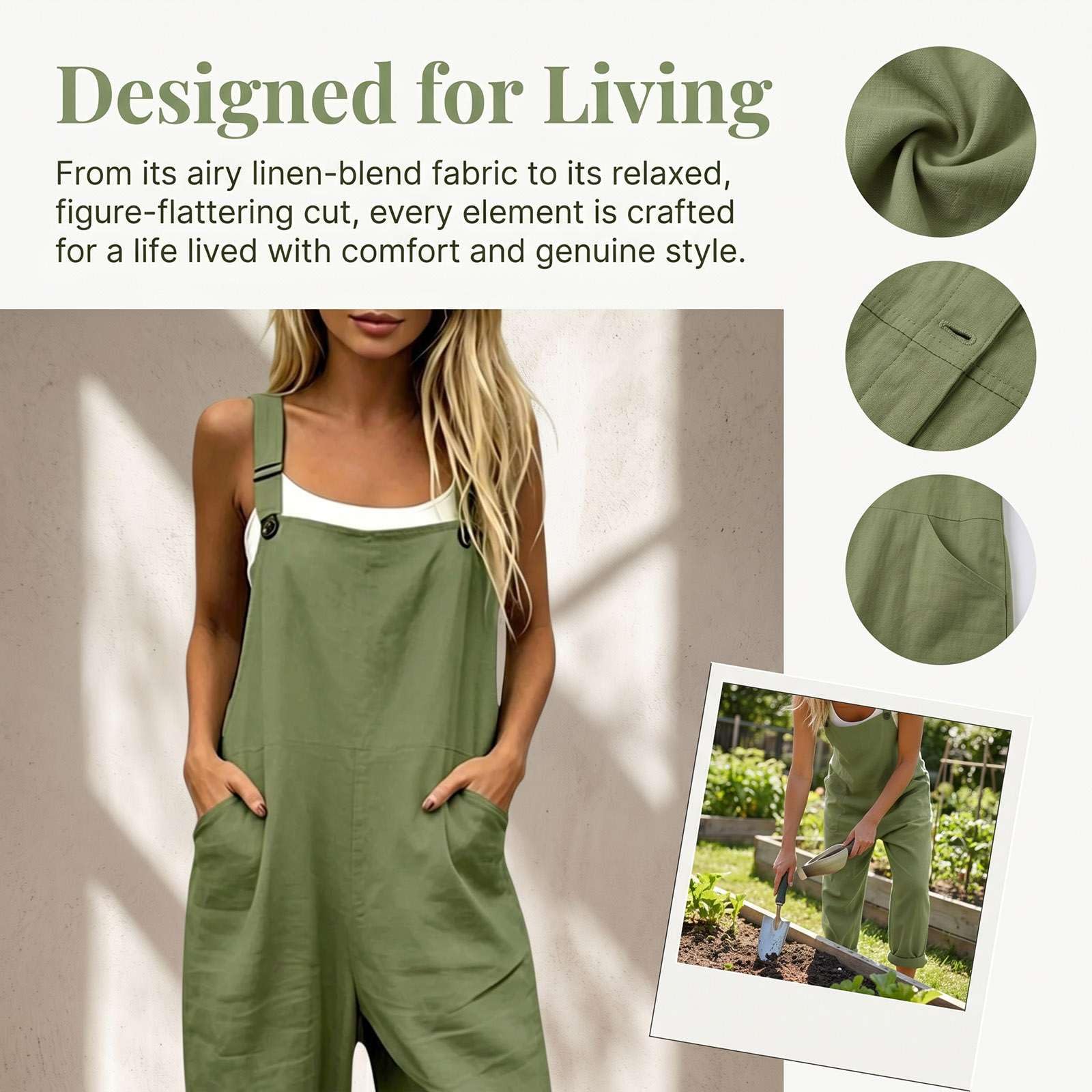 Salopette Donna Estiva Lunga in Lino, Tuta Intera Elegante Stampa Boho Chic, Tuta Pantaloni Baggy Curvy con Tasche e Bretelle, Jumpsuit Gamba Larga Leggera Comoda per Mare Vacanza