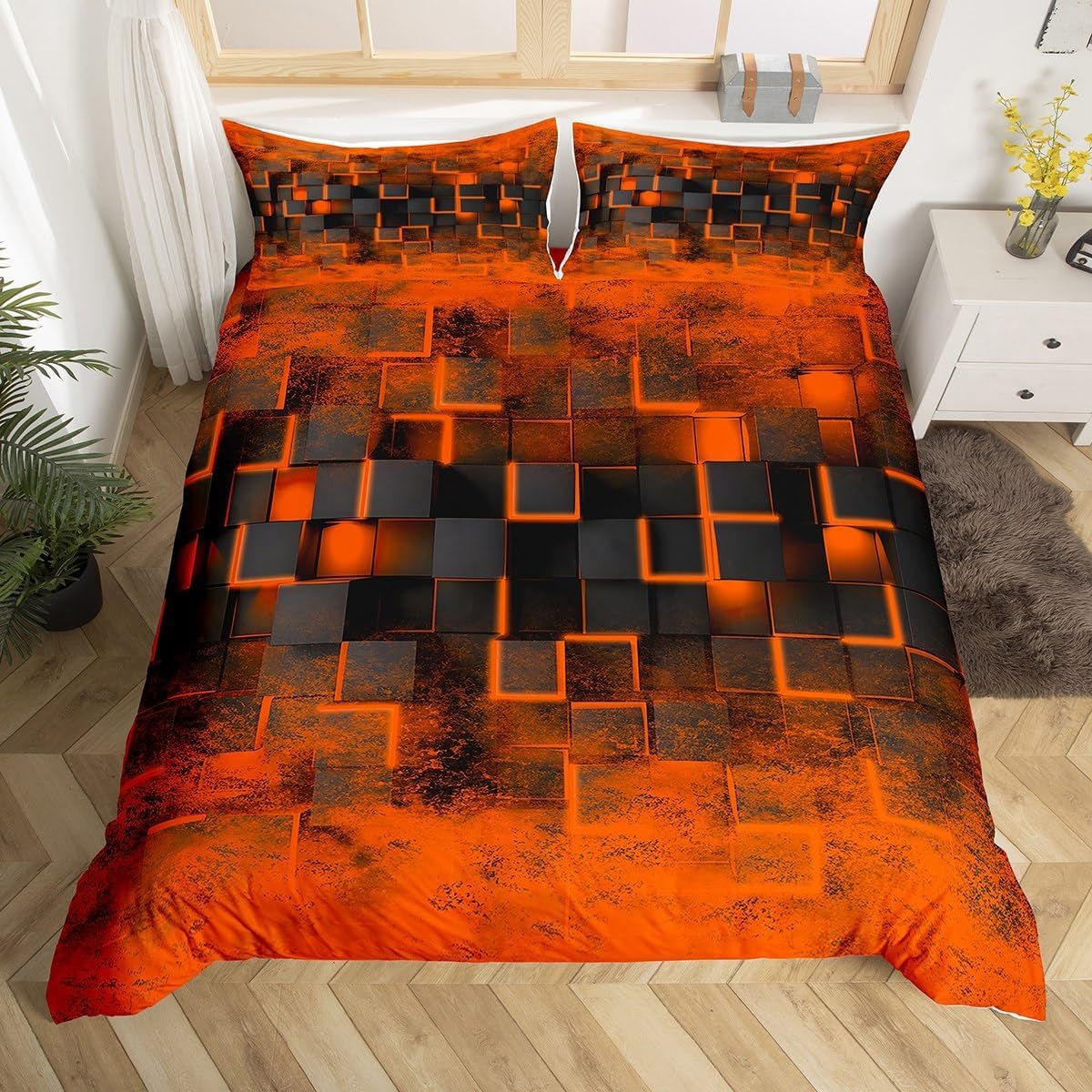 Homemissing Ornage Bedding Set King Size Kids Geometric Duvet Cover Set for Boys Teens Geometric Honeycomb Duvet Cover with 2 Pillowcases Modern Ombre Abstract Art Bed Sets Plaid Check Room Decor — image 1