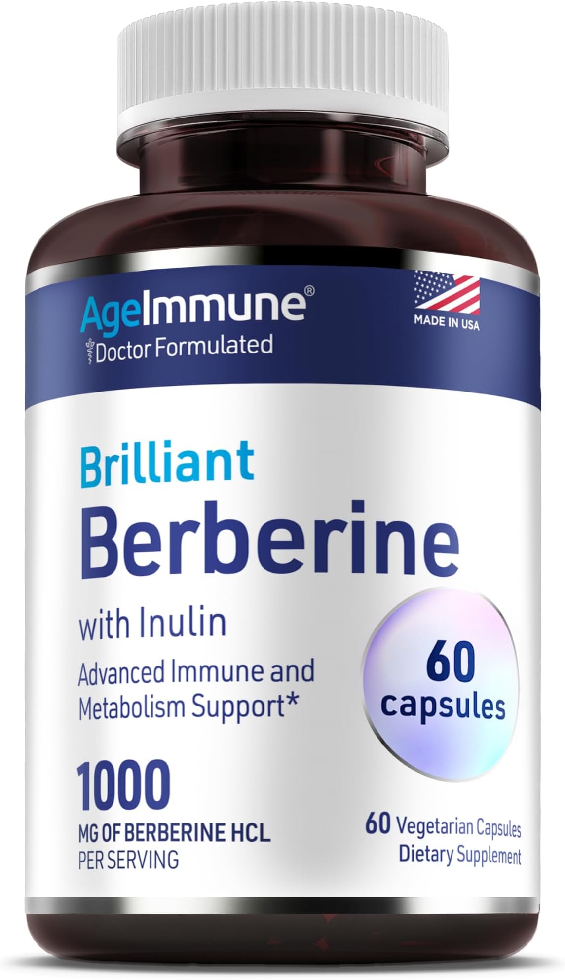 AgeImmune Berberine HCL 1000mg Supplement Complex with Inulin - Magnesium Stearate Free Herbal Supplements.
