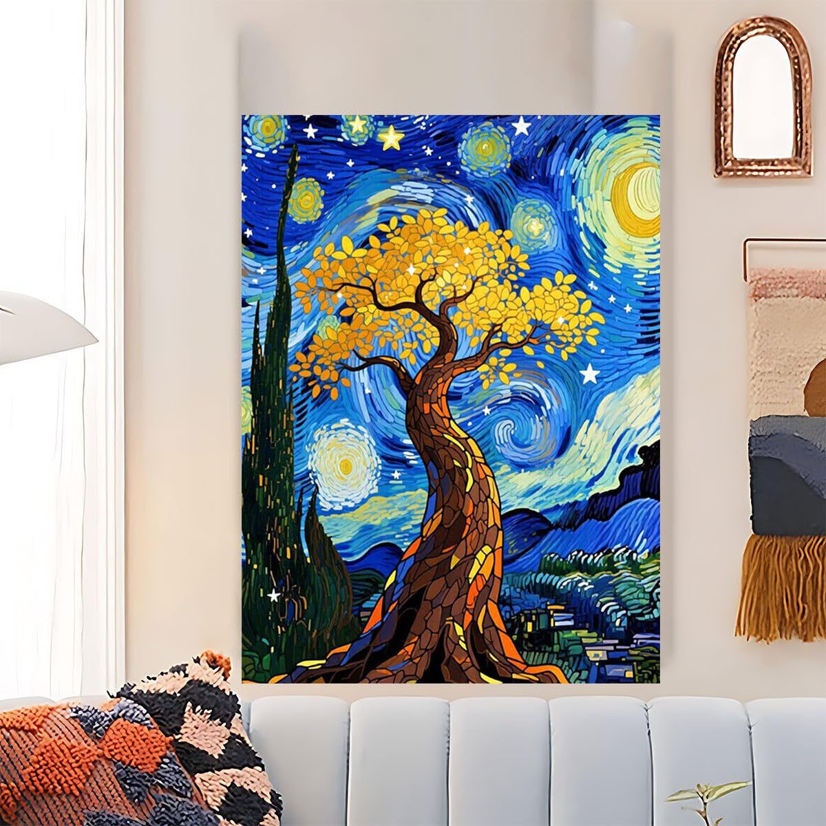 awitufhgp Van Gogh's Golden Tree Under the Starry Sky Canvas Art Print, Decor Painting, for Bedroom, Kitchen, Living Room, Bathroom(70x90cm/28x35in(WxH)/No frame)