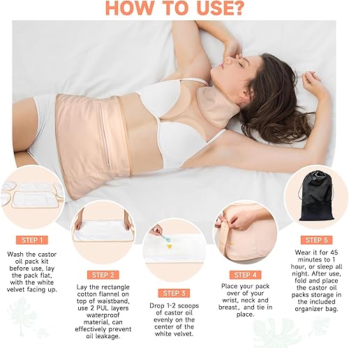 Miniatura 7 de Paquete de 6 unidades de aceite de ricino reutilizables, paquete de aceite de ricino de franela de algodón con diseño antifugas de aceite (aceite de