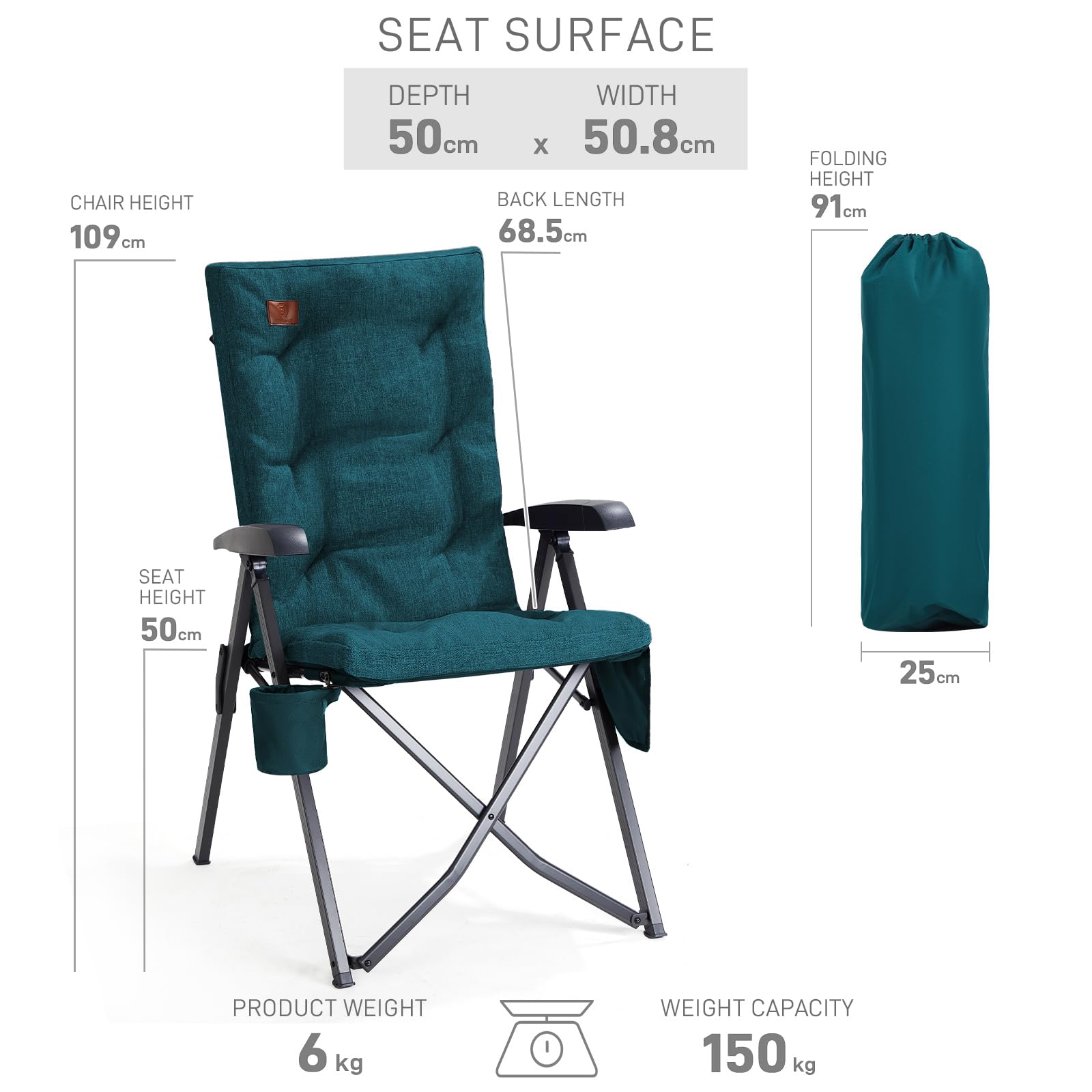 Sedia Da Campeggio EVER ADVANCED - Pieghevole, Portata 150 Kg, Schienale Alto, Con Porta Bibite E Tasca, Per Esterni