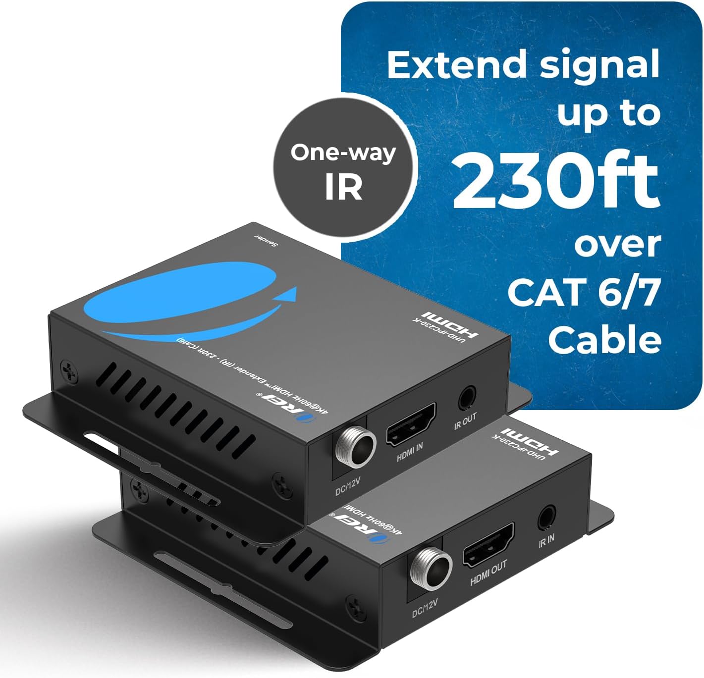 OREI HDMI Over Ethernet Extender via CAT6/7-4K@60Hz Up to 230 ft – HDMI 2.0 & HDCP 2.2 Compliant - 18Gbps Video Bandwidth with HDR 10 – Power Over Cable - 1 Year Warranty (UHD-IPC230-K)