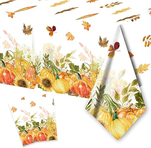 PARSUP 2 manteles desechables para Acción de Gracias, 108 x 54 pulgadas, diseño de otoño, diseño de calabaza y hojas de arce, mantel de plástico