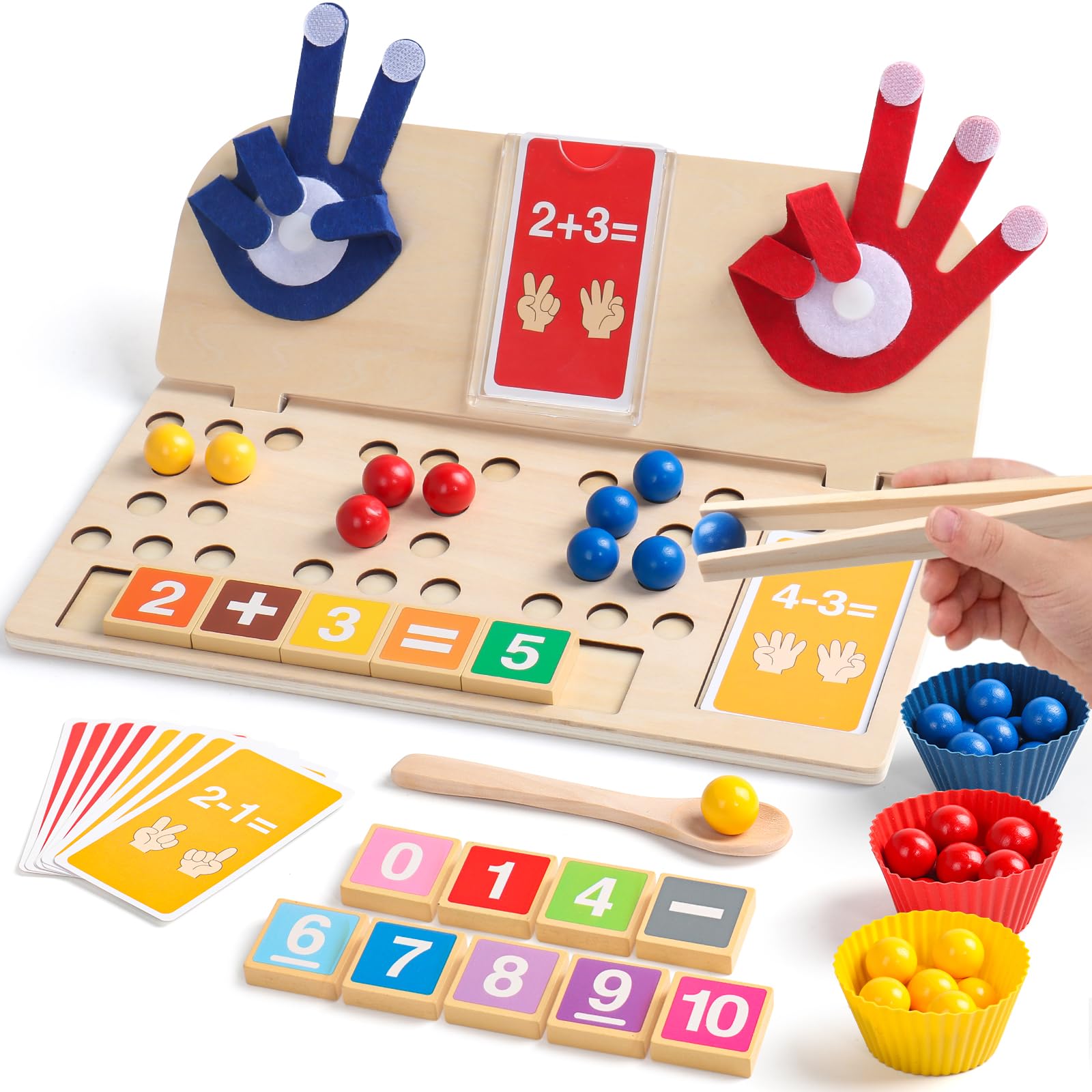 Montessori Juguetes Niños 3 4 5 Años, Juego Educativo para Aprender a Sumar y Restar con 30 Cuentas de Madera, Tablero de Matemáticas con Tarjetas y Cuencos para Clasificar, Regalo Niña Niño