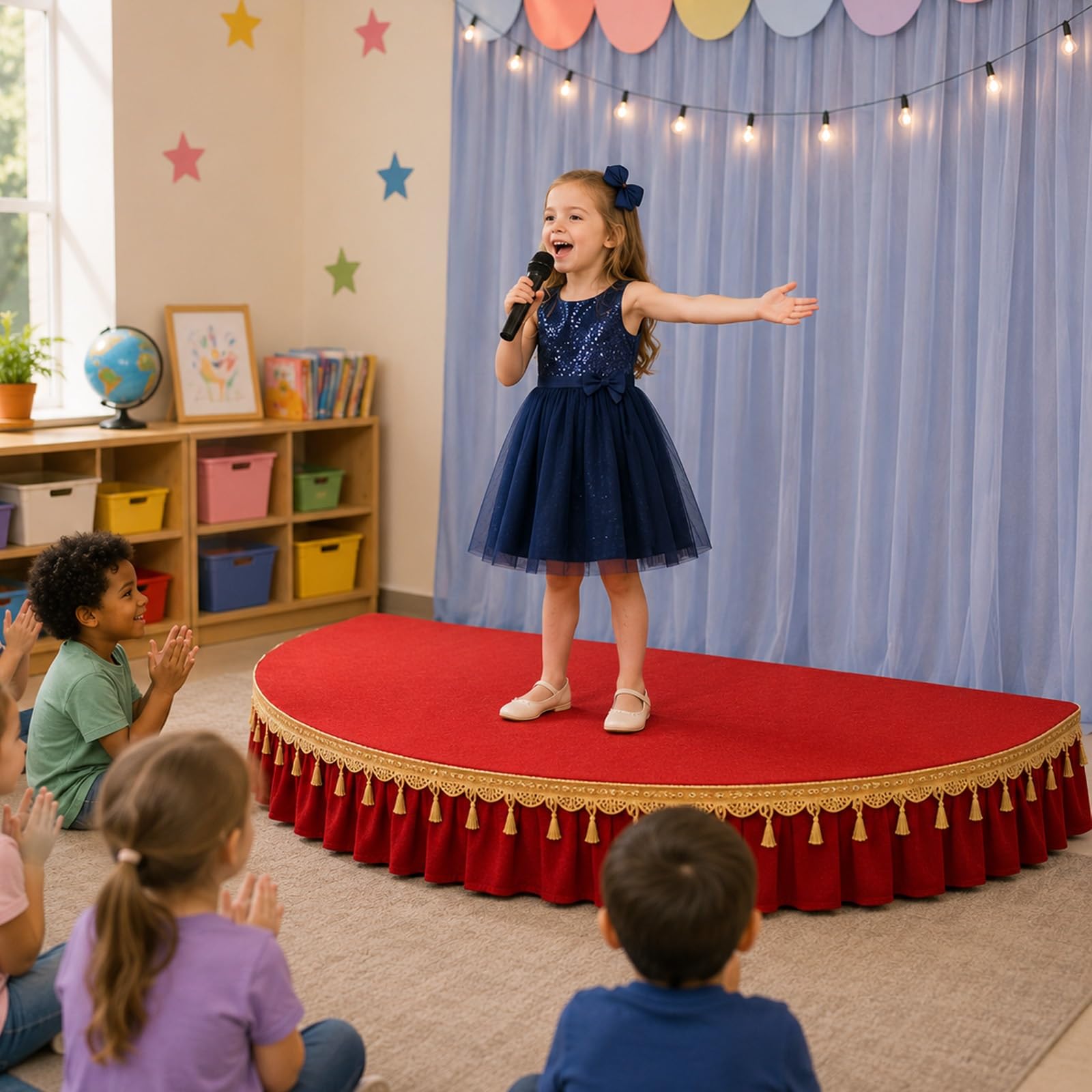Palco semicircolare portatile per bambini, piattaforma per palcoscenico inclusa, grembiule, elevata capacità di carico, ideale per ospitare discorsi in pubblico e canti(Red B,100x50cm)