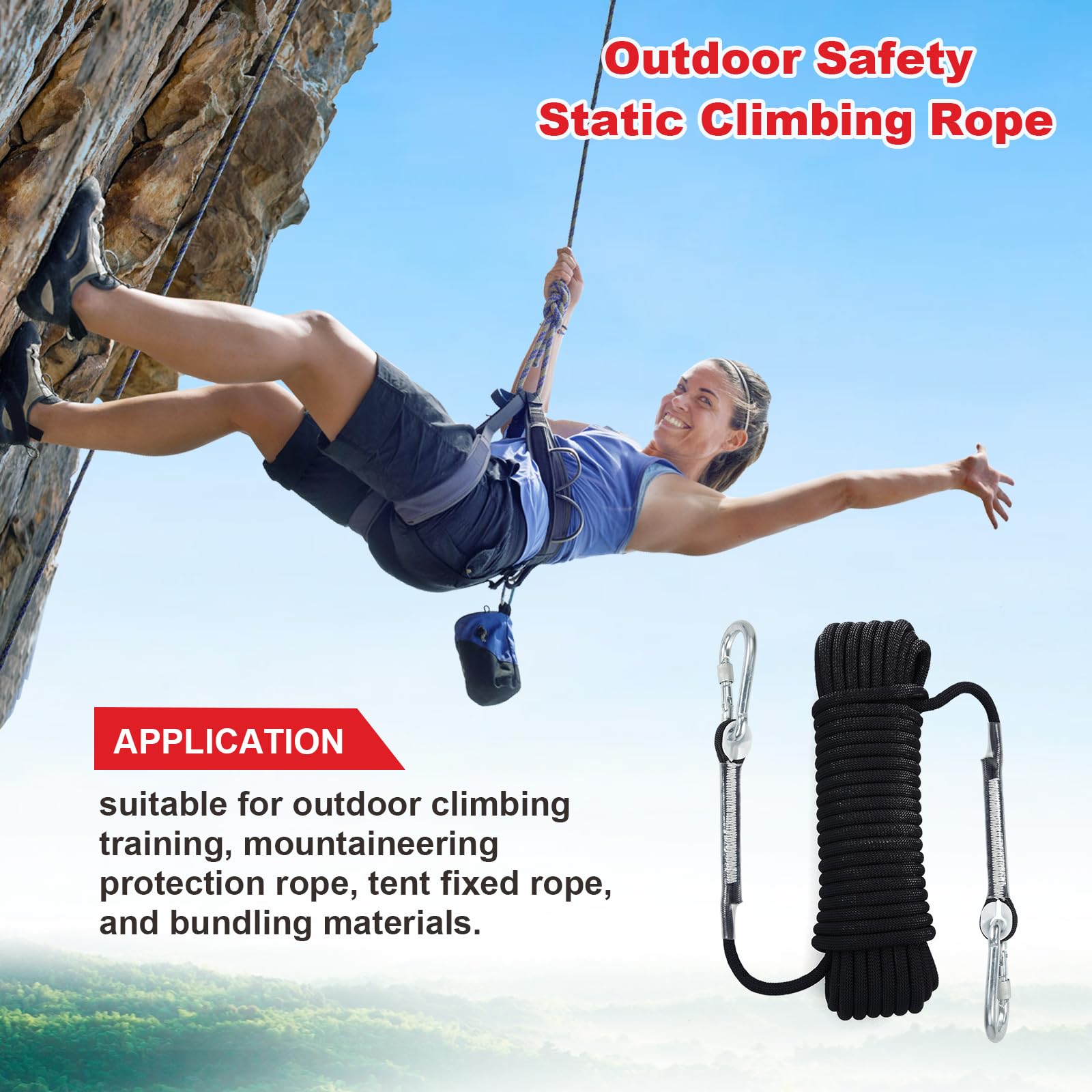 Cuerda de Escalada, Cuerda de Seguridad estática de 8 mm con Mosquetones, Cuerda de Nailon Trenzada, Cuerda de paracaídas de Rescate de Incendios, Escalar al Aire Libre, Senderismo, Camping, 10M