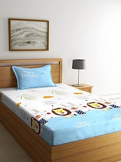 Home Sizzler 144 Tc Microfibre Kid'S Lion & Cat Single Bedsheet With 1 Pillow Cover, Multicolor