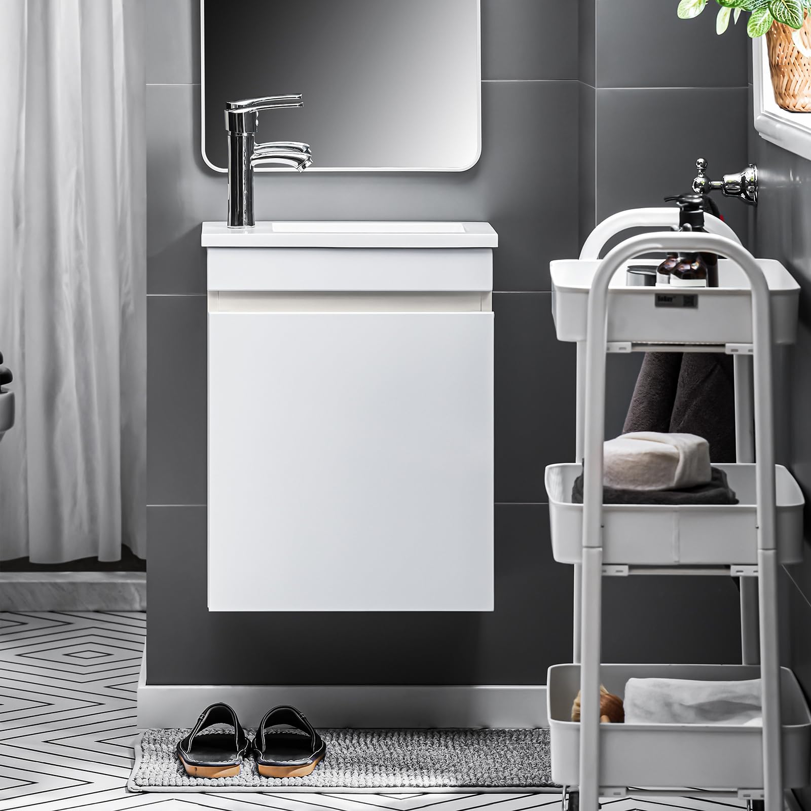 SoBuy Meuble Lavabo Suspendu Blanc Avec Miroir - Ensemble Vasque Céramique BZR170-SET, Design Moderne