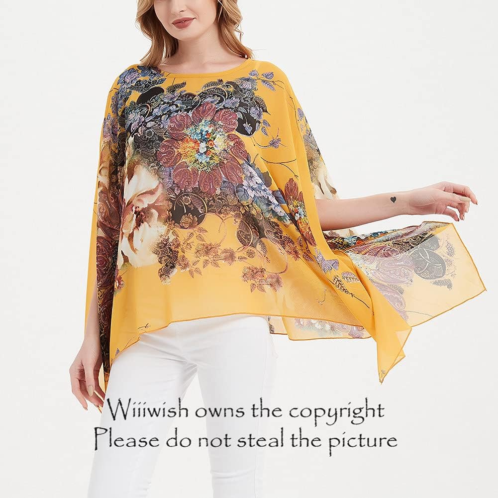 Wiiiwish Women's Floral Chiffon Blouse Batwing Summer Hippie Sheer Loose Caftan Poncho Tunic Shirt Tops - Image 4