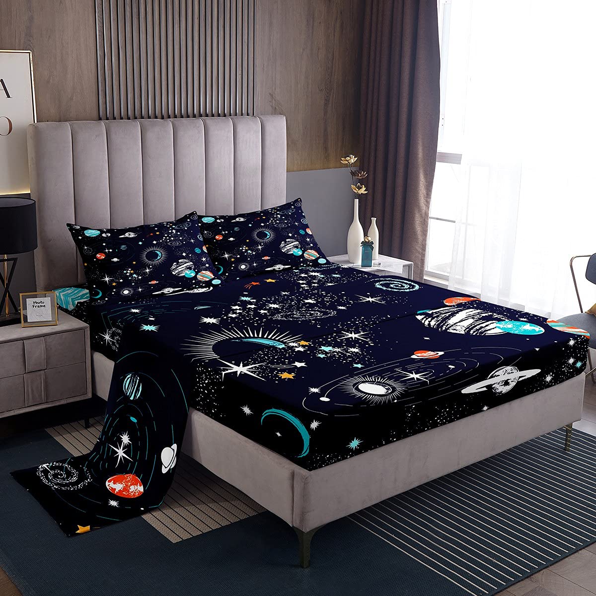 Set di lenzuola per ragazze ragazzi e bambini Galaxy Bedding Set di biancheria da letto Cartoon Universe Planet lenzuolo con angoli colorato cielo stellato dimensioni singole 3 pezzi
