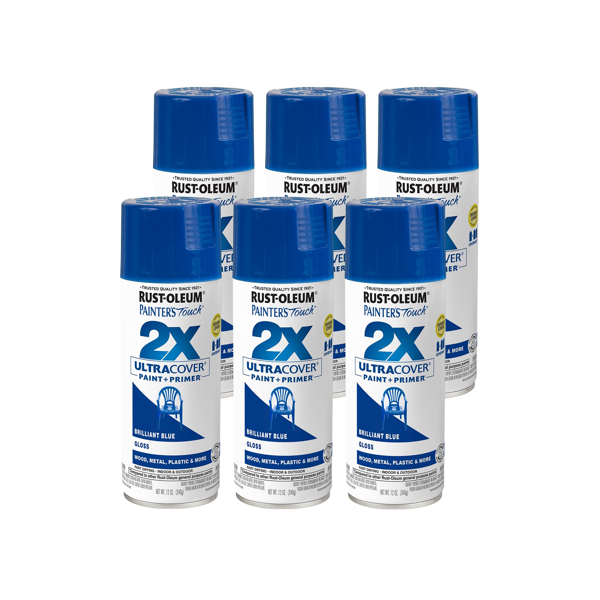Rust-Oleum 249120 Gloss Brilliant Blue Painters Touch 2X Spray Paint, 12 oz., Aerosol Can (Pack of 6)