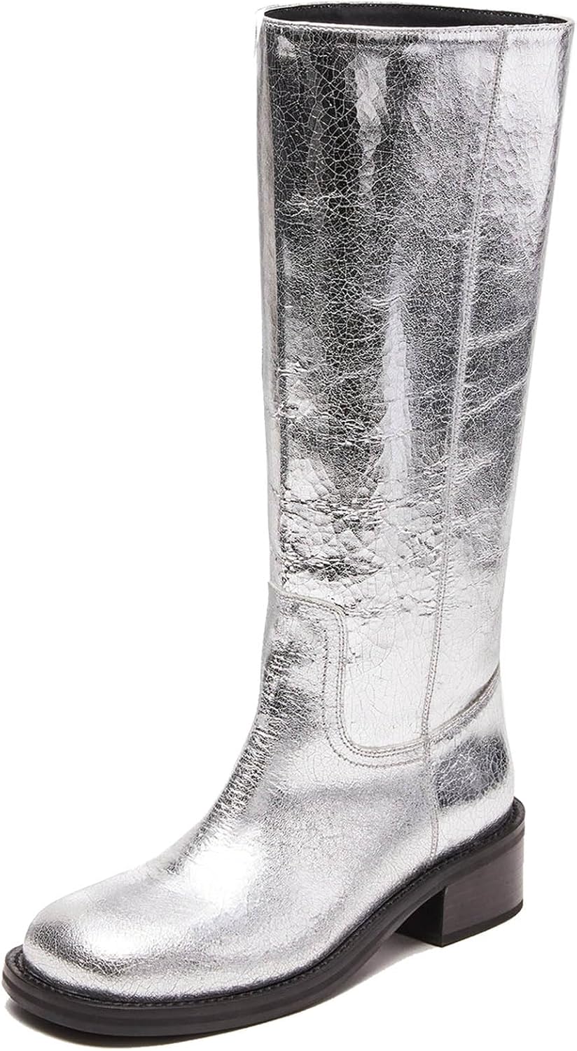Womens Banana Knee High Boots Square Toe Comfortable Campus Boots Block Heel Riding Boots Wide Calf Long Tall Boots