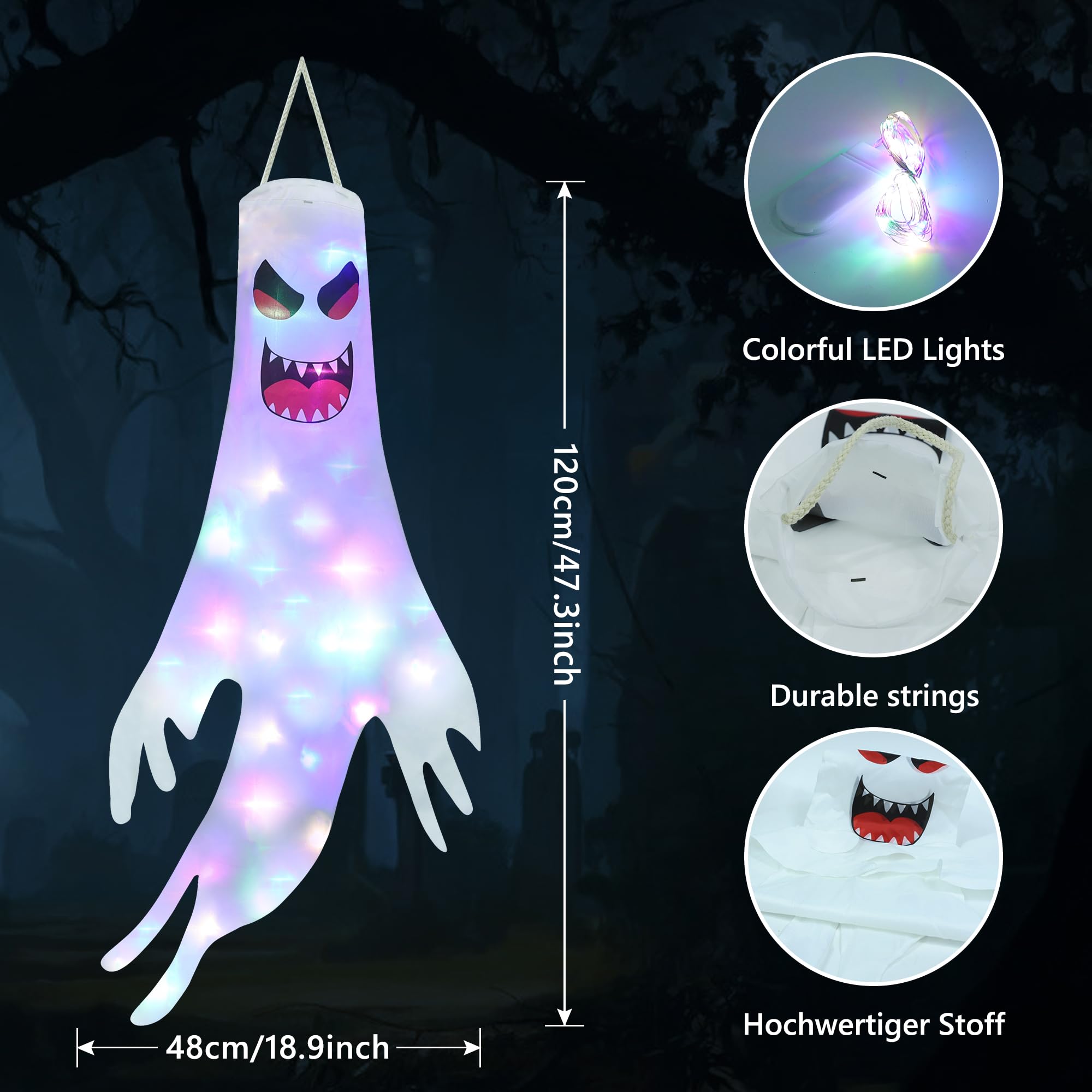 Qedertek Halloween Decorazioni per Esterno - 120cm Appendere a Fantasma con Catena Luminosa Colorata, Sacco a Vento Horror Casa Infestata per Giardino, Finestra, Bar