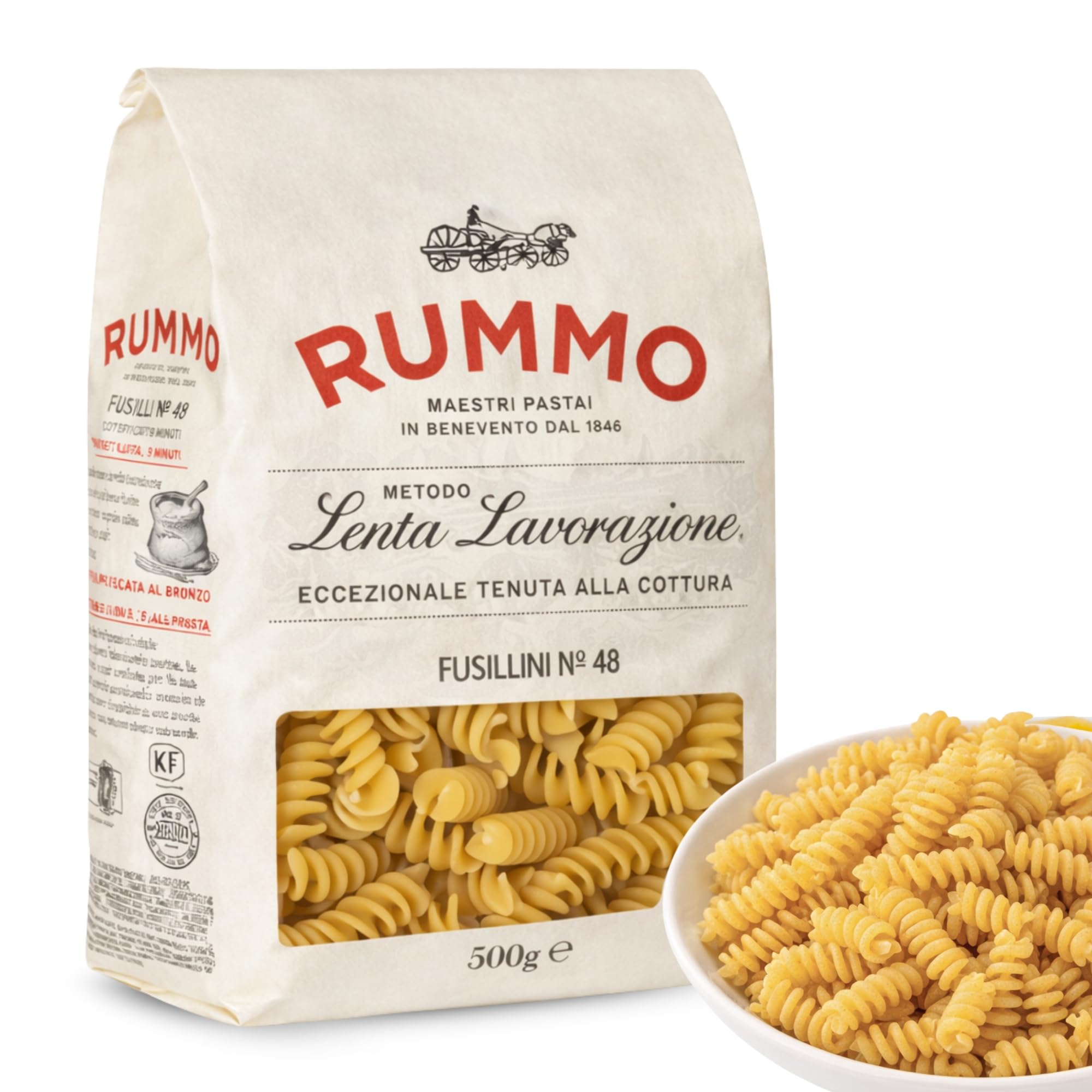 Pasta Rummo Fusilli Nº48 500g, Pasta Italiana, Pasta alimenticia de sémola de trigo duro, Contiene gluten, Puede contener trazas de soja, Tiempo de cocción 9 minutos, 1 Paquete de 500 gr