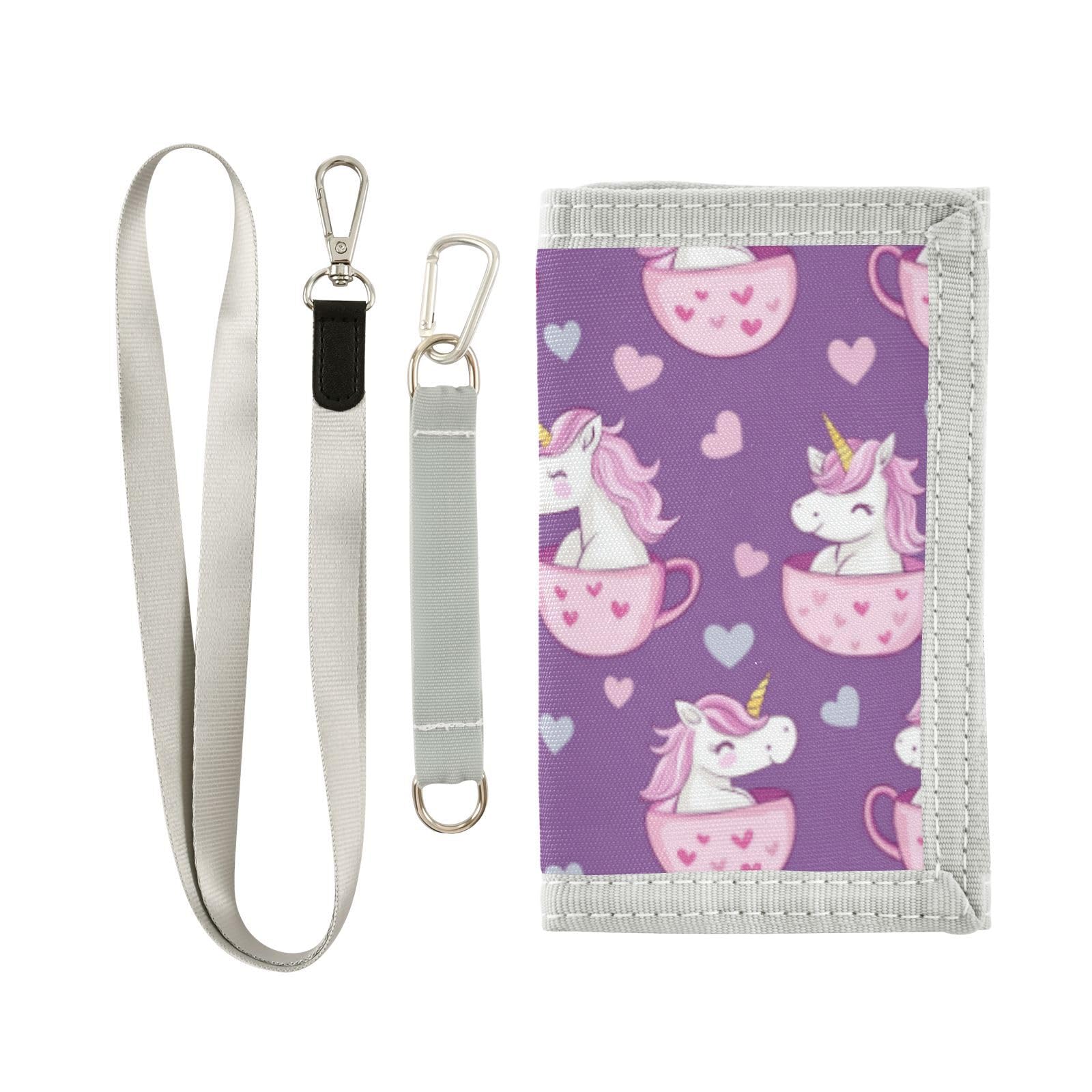 Wusikd Cute Unicorns Kids Wallet for Boys Girls Pink Mug Hearts Toddler Trifold Wallet Novelty Wallet for Teens Women Men