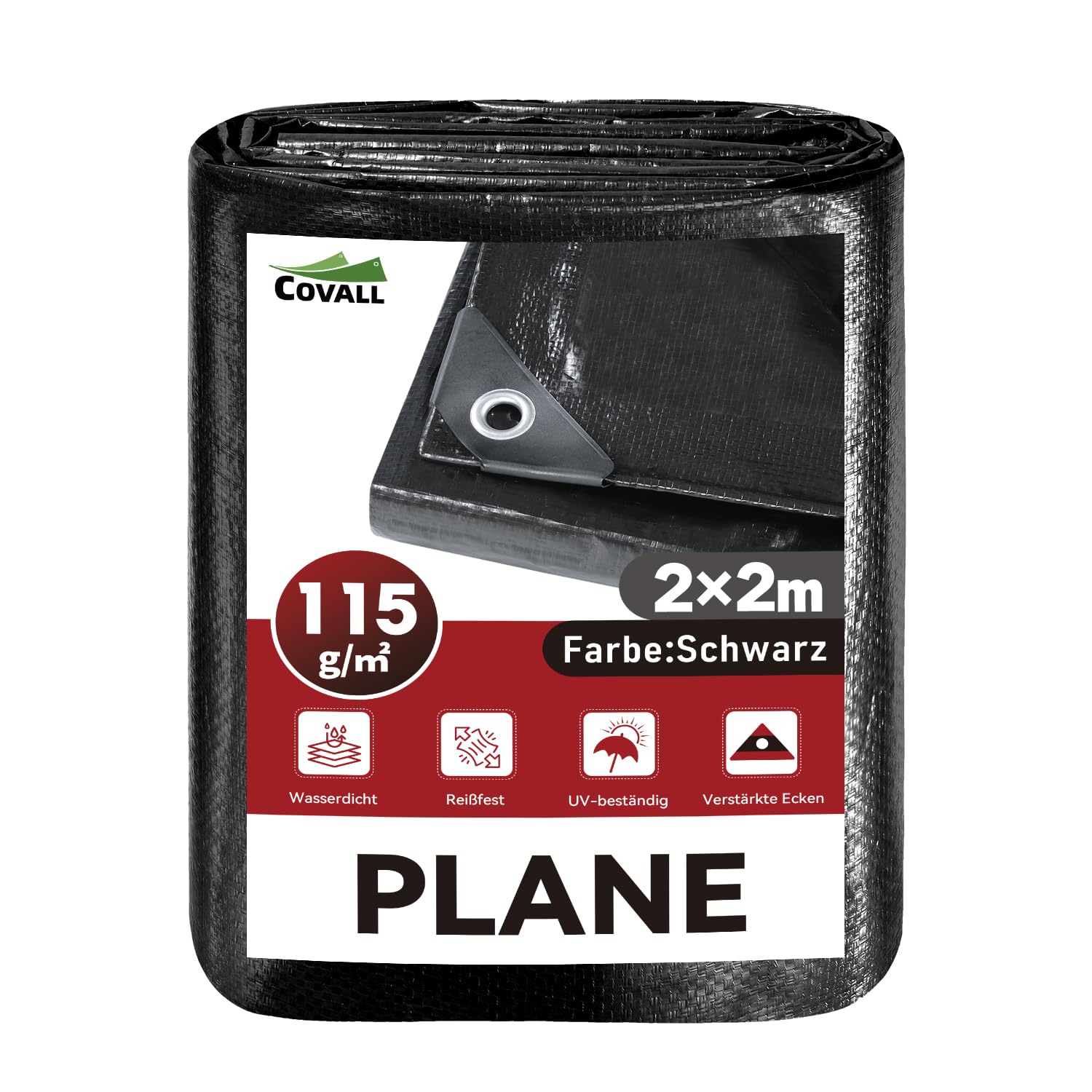 Abdeckplane 2x2m Schwarz Plane Wasserdicht | 115g/m² Stark & Verschleißfest | Wasserdicht UV-beständig Reißfest | PE-Plane Mit Ösen Für Camping, Garten, Auto & Trampolinabdeckung