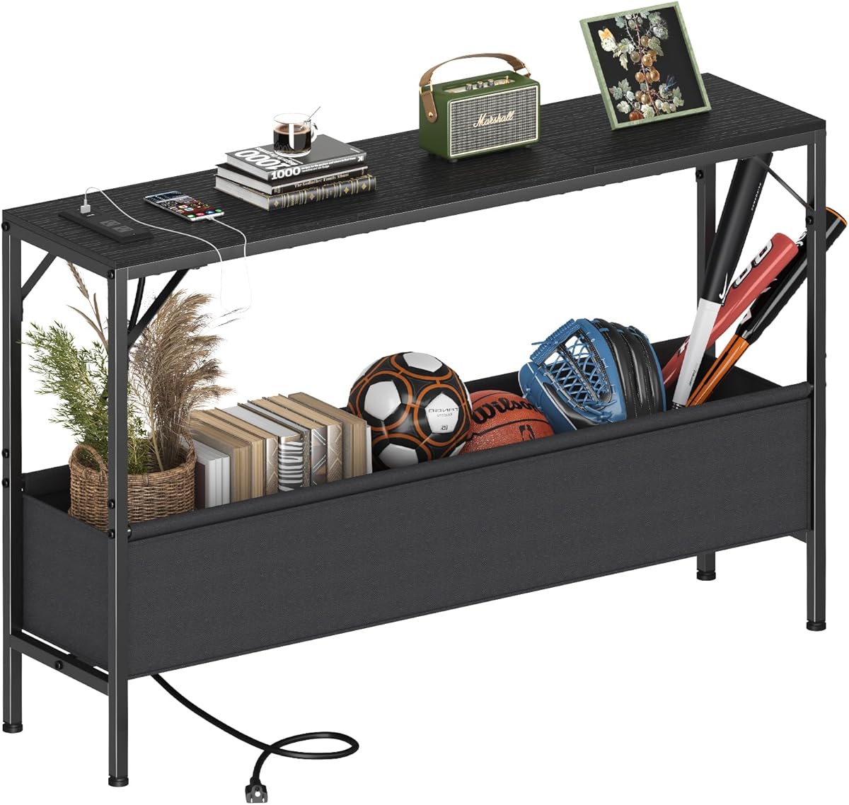 Console Tables with Charging Station and Storage Basket, 47.2'' Entryway Table Narrow with Power Outlets USB Ports, Couch Table Behind Sofa, Hallway Table for Foyer, Living Room, Black